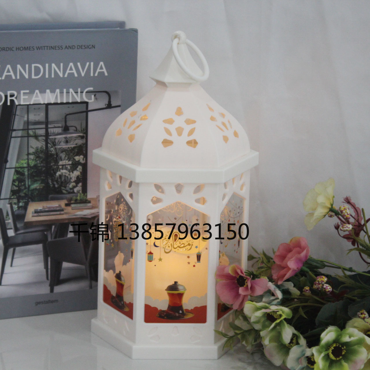 Ramadan decorative small oil lamp, retro interior, hollowed-out hexagonal wind lamp, glowing flame lamp, decorative items, scene arrangement details Picture