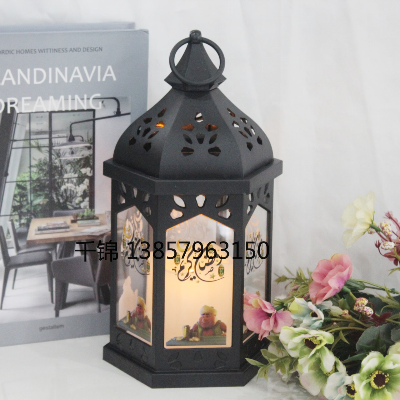 Ramadan decorative small oil lamp, retro interior, hollowed-out hexagonal wind lamp, glowing flame lamp, decorative items, scene arrangement Specification image