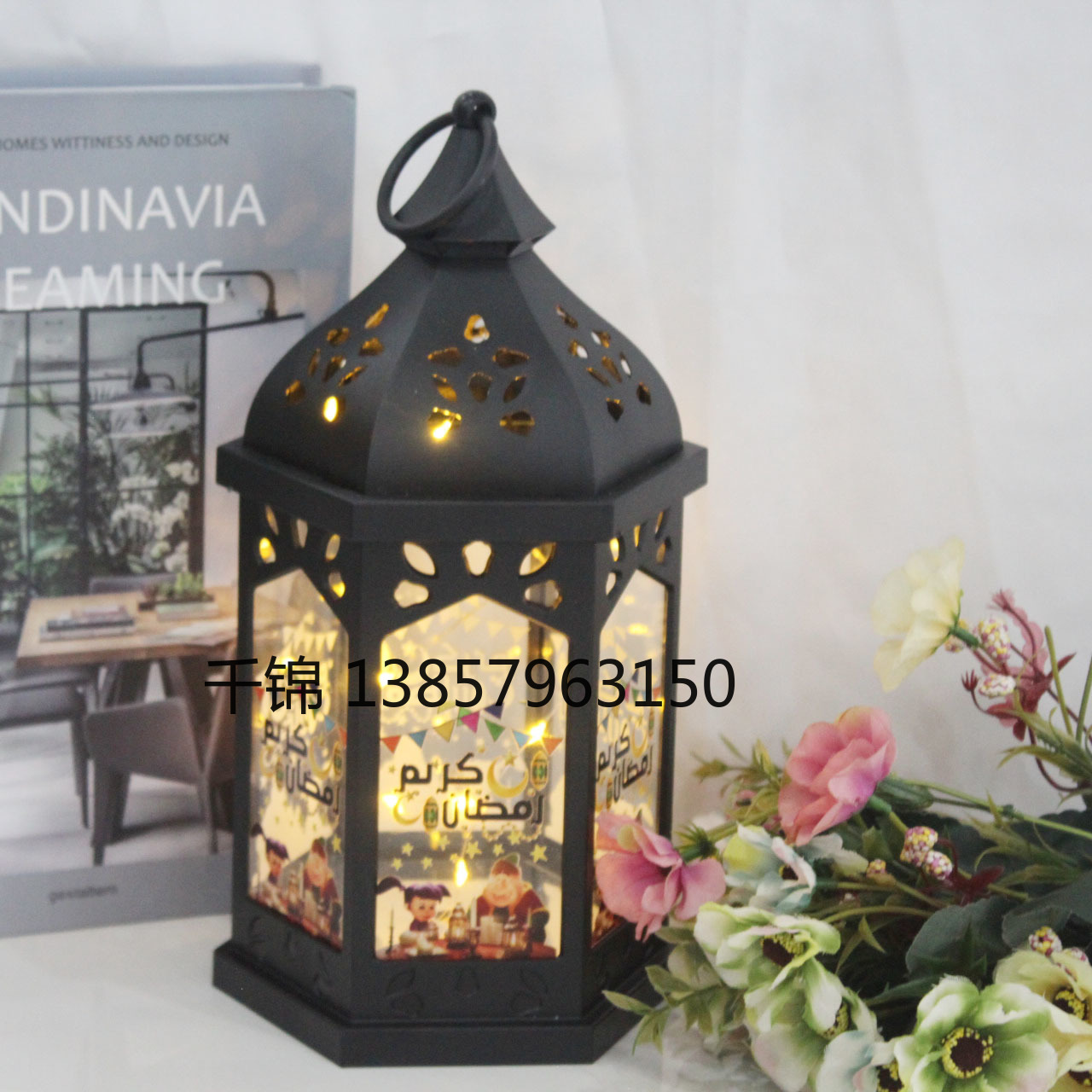 Ramadan decorative small oil lamp, retro interior, hollowed-out hexagonal wind lamp, glowing flame lamp, decorative items, scene arrangement Application Scenario