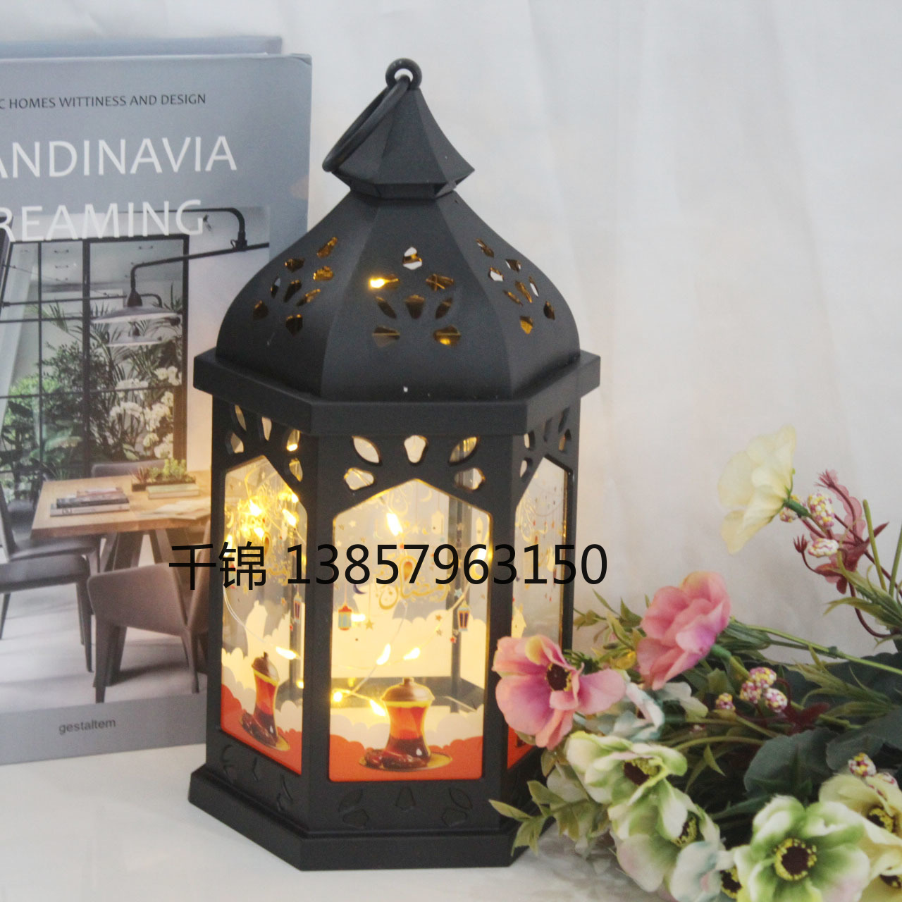 Ramadan decorative small oil lamp, retro interior, hollowed-out hexagonal wind lamp, glowing flame lamp, decorative items, scene arrangement