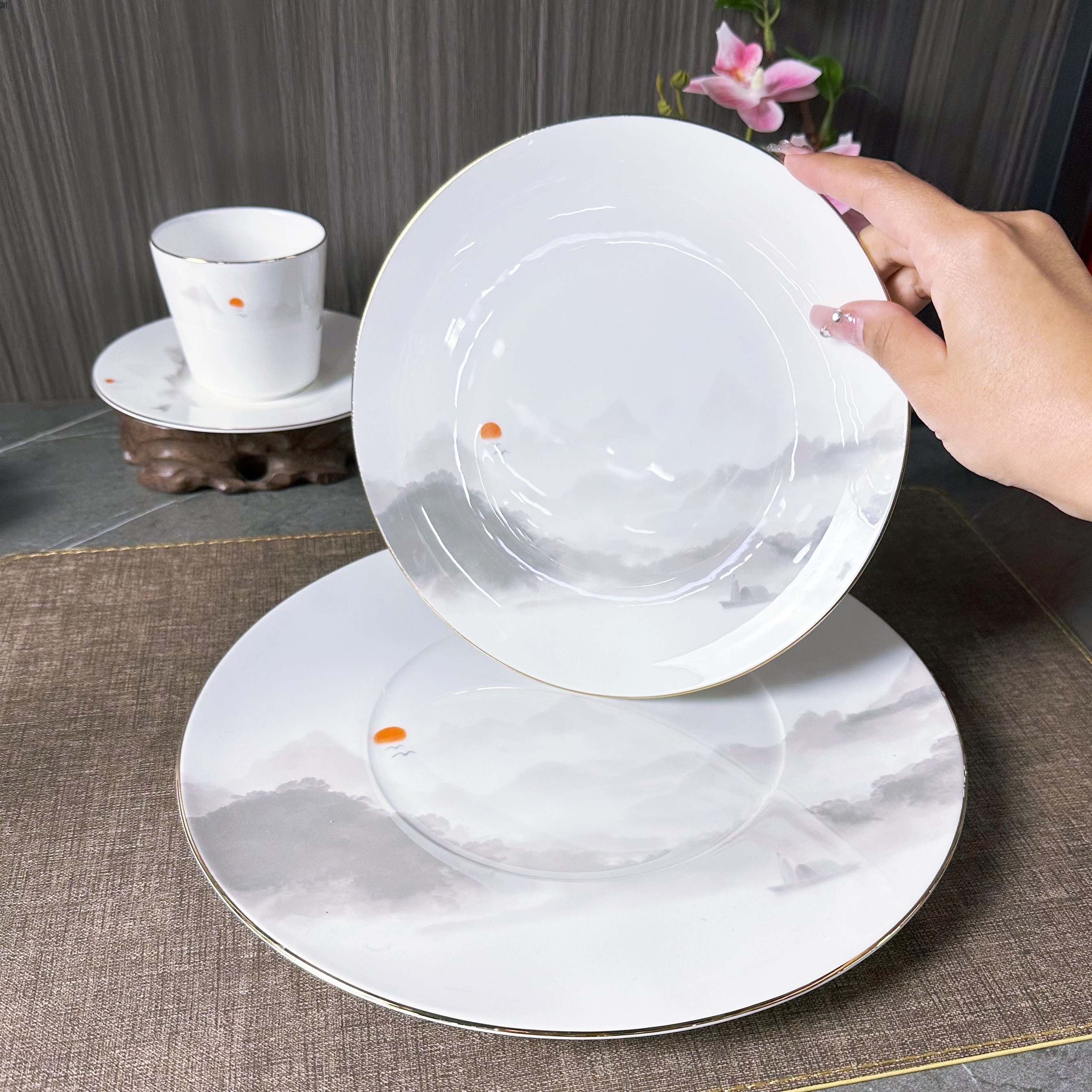 渡头落日系列高骨瓷餐具套装中式水墨国风陶瓷盘碗碟勺杯套装商用详情9