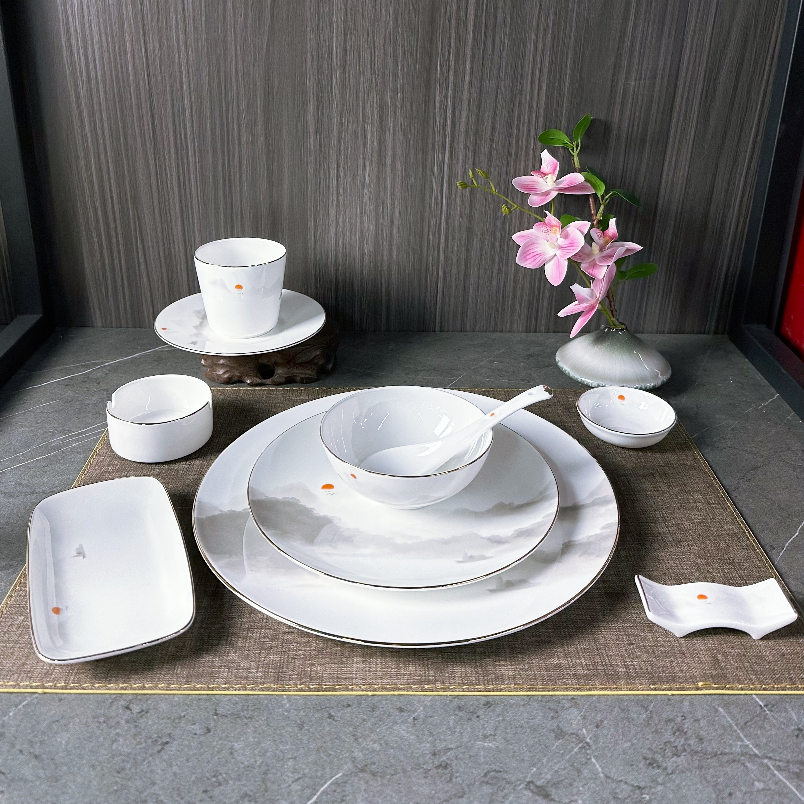 渡头落日系列高骨瓷餐具套装中式水墨国风陶瓷盘碗碟勺杯套装商用详情1