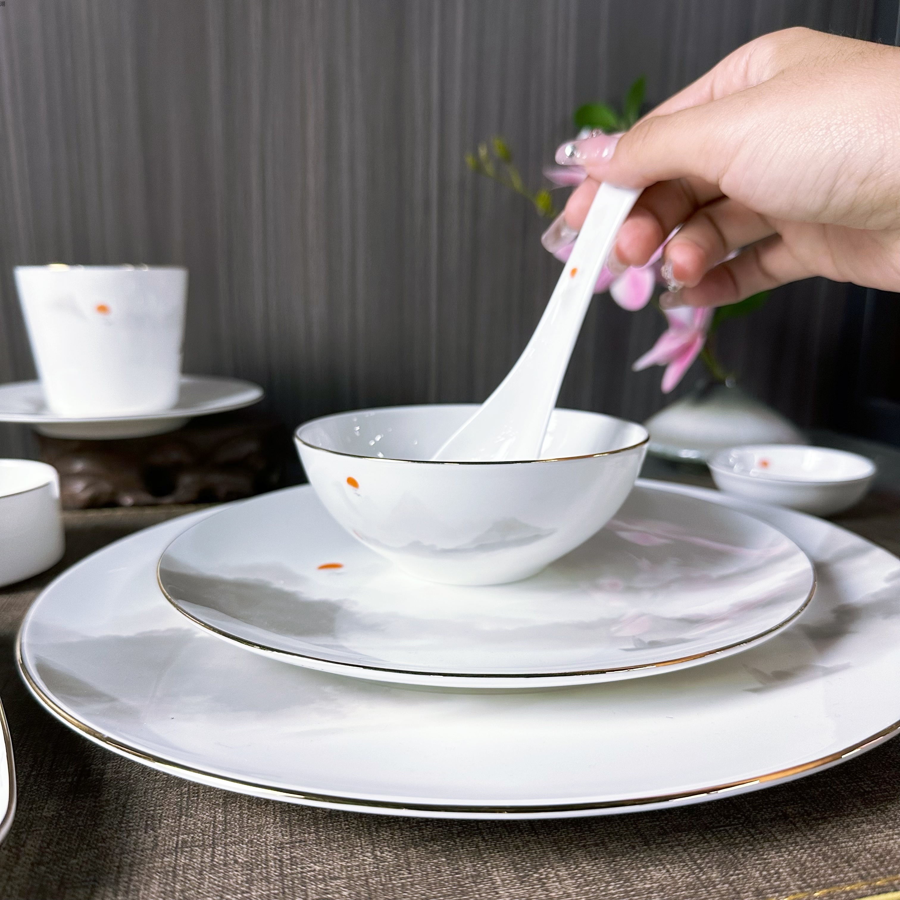 渡头落日系列高骨瓷餐具套装中式水墨国风陶瓷盘碗碟勺杯套装商用详情4