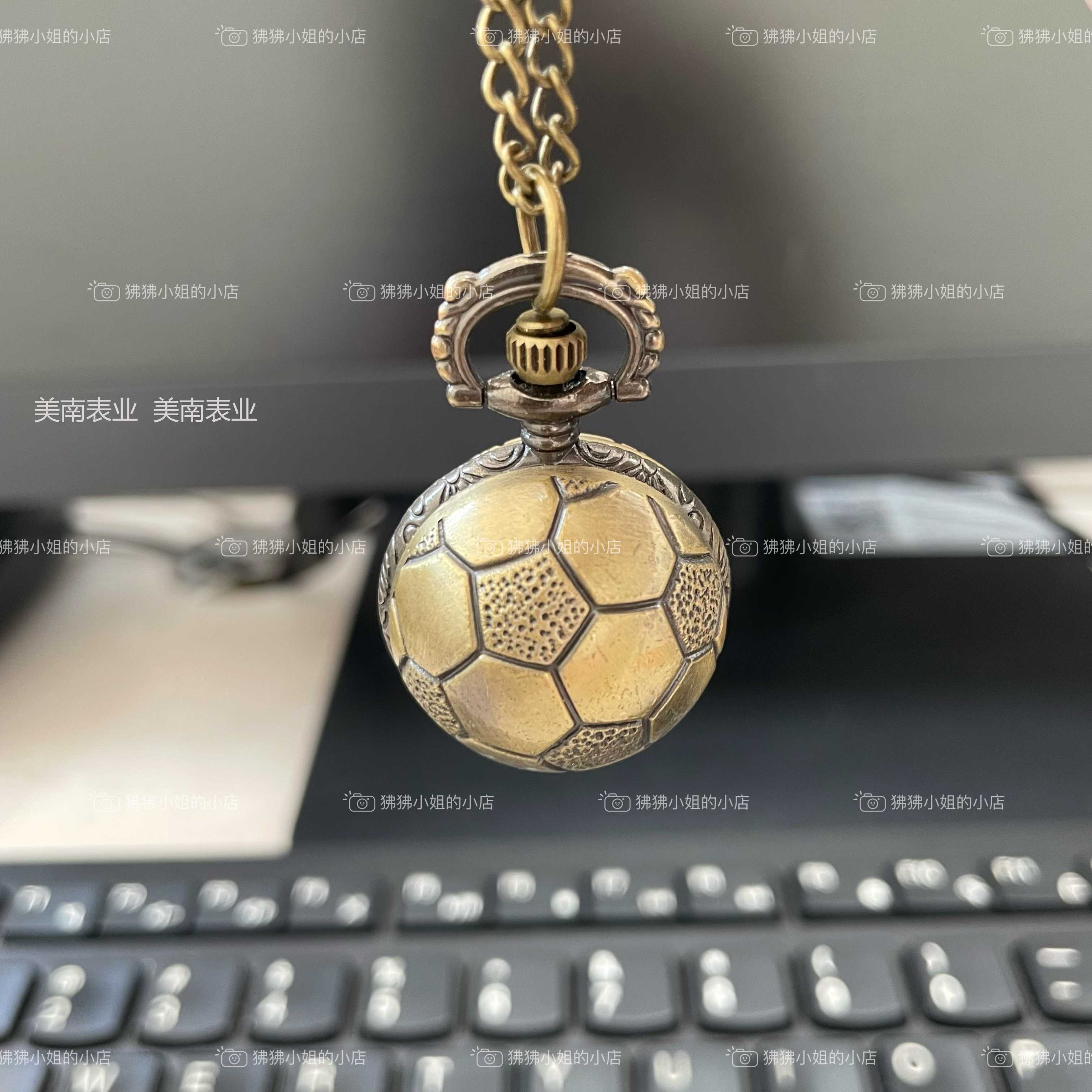 Creative ball pocket watch, bronze football hanging watch, travel commemorative watch, retro flip pocket watch details Picture