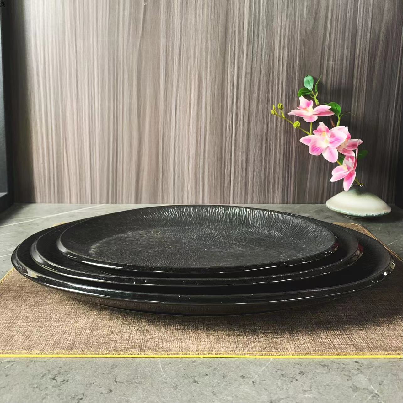 岩层系列黑色椭圆形压纹陶瓷盘蛋形盘子餐具12/14/16寸商用家用批发详情2