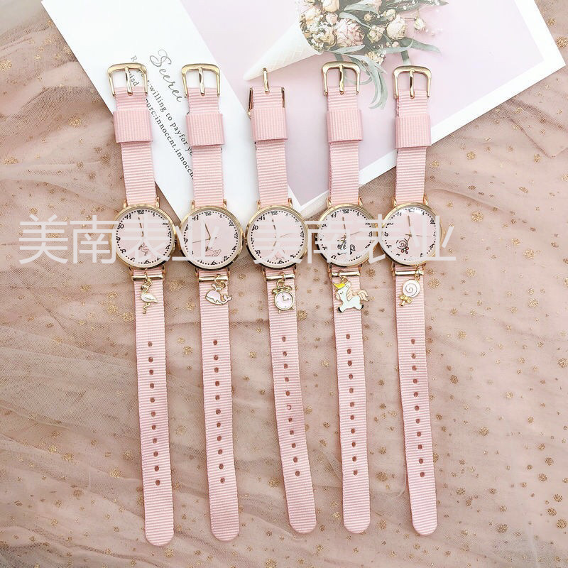 The new fairy student watch features a simple canvas strap with a pendant, a creative and trendy quartz watch with a nylon strap and a Kawaii watch Item Picture
