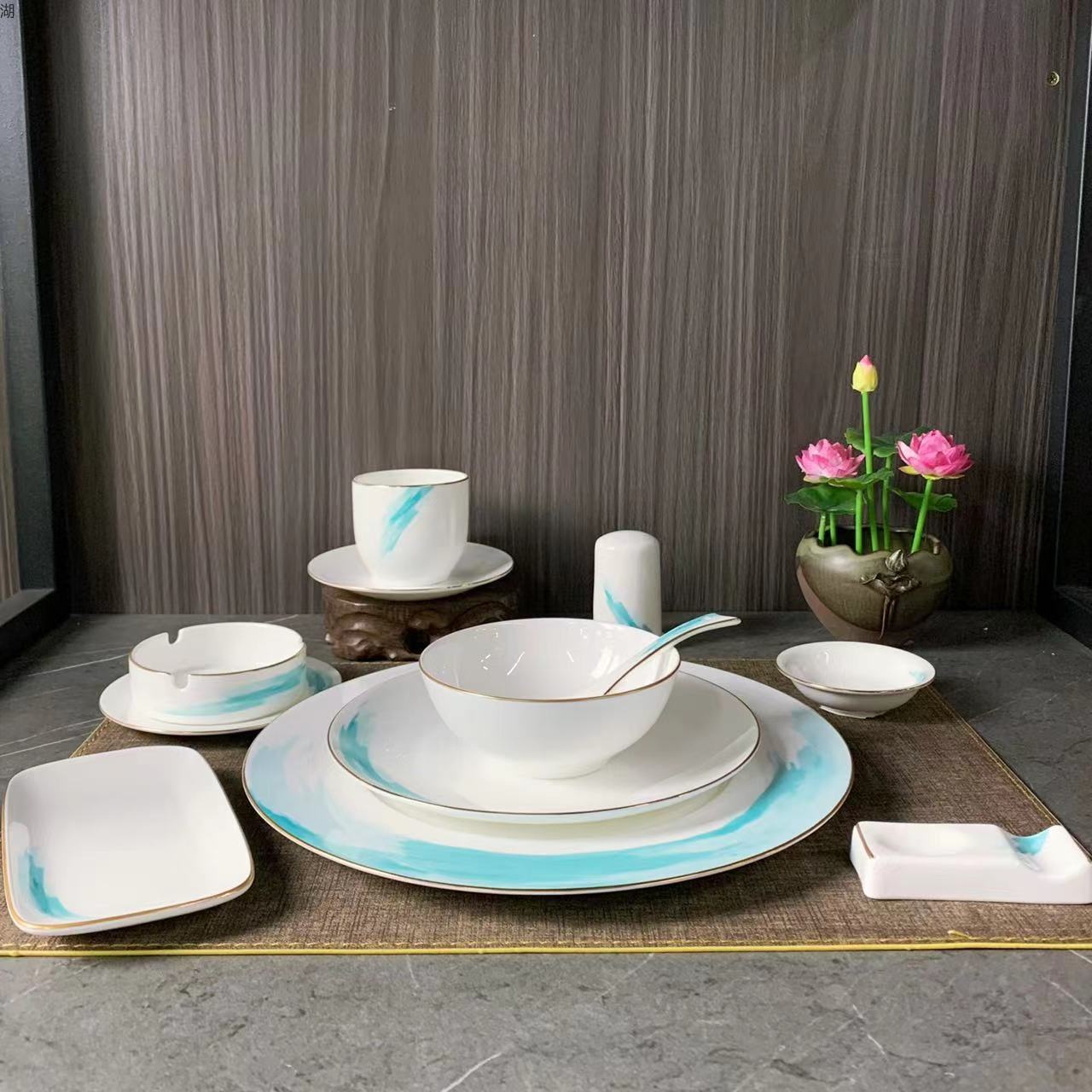 湖心桥蓝系列陶瓷餐具套装彩绘金边艺术感骨瓷酒店餐馆宴会家用详情1
