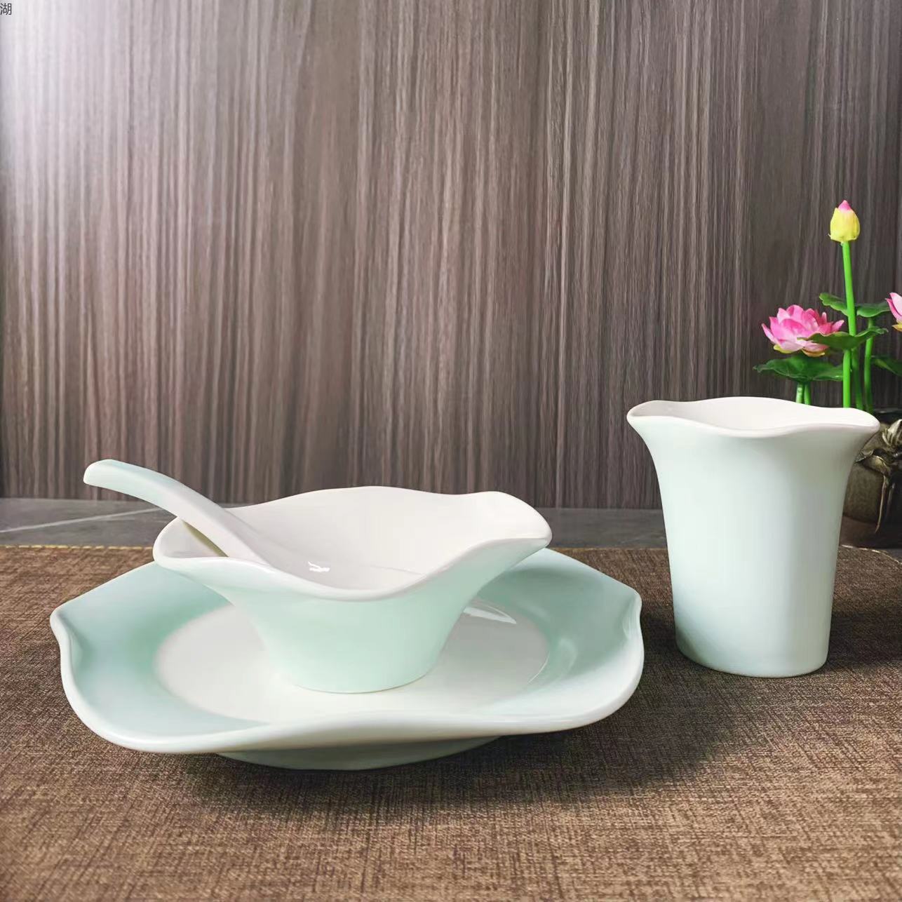 Rhythm Series Ceramic tableware four-piece set, light blue plate, bowl, cup and spoon combination, macaron color, suitable for hotel, restaurant and home use pic 2