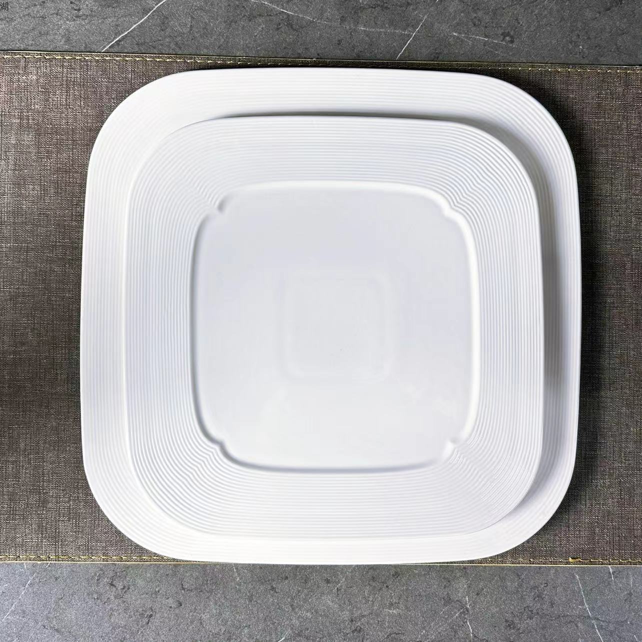 Minimalist style white porcelain square plate with ribbed relief carvings, flat plate, 10 inches, 12 inches, suitable for hotels, restaurants, clubs, banquets, and household use pic 1