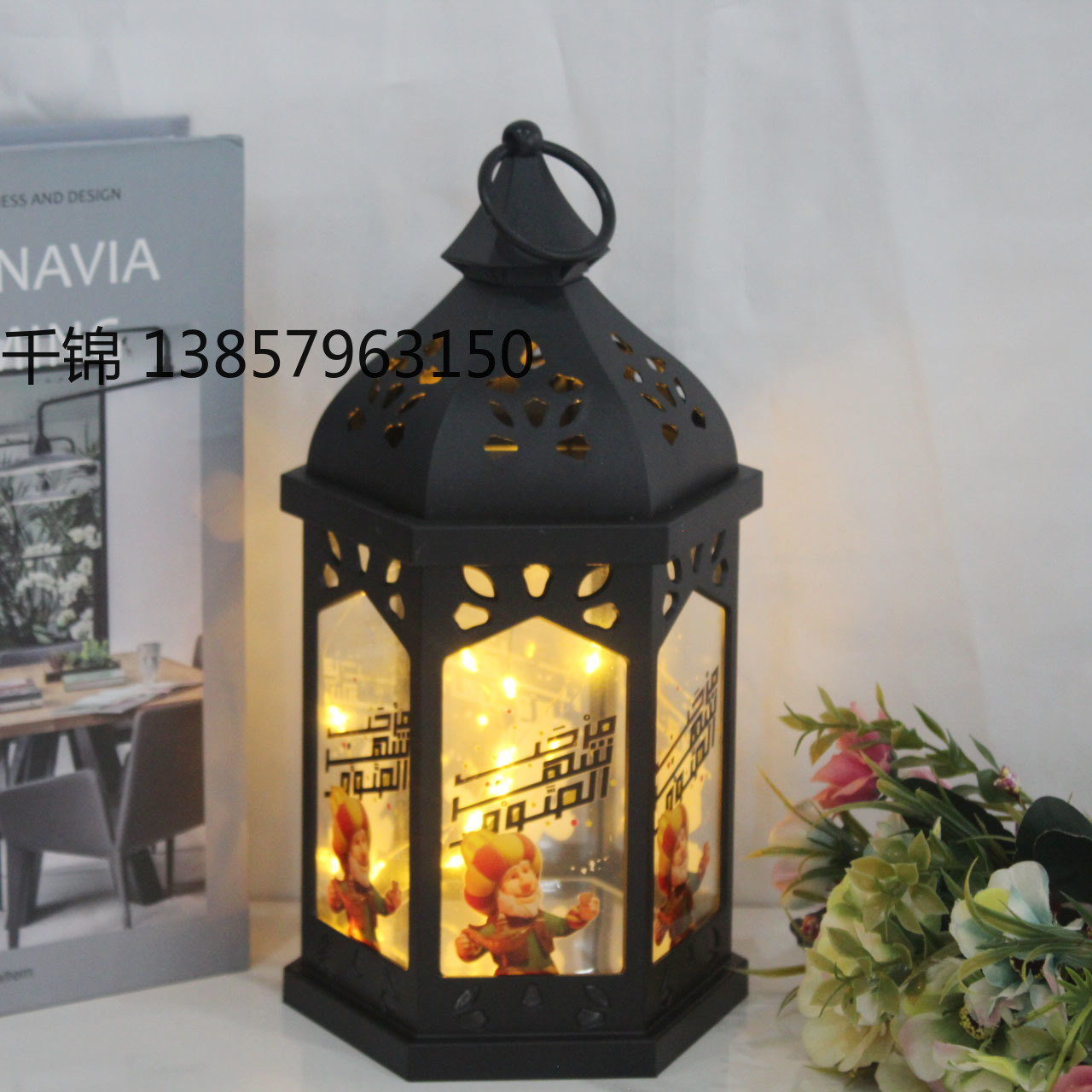 The interior of the Ramadan decorative small oil lamp, retro string of light, hollowed-out hexagonal wind lamp, illuminated ornaments and scene arrangement