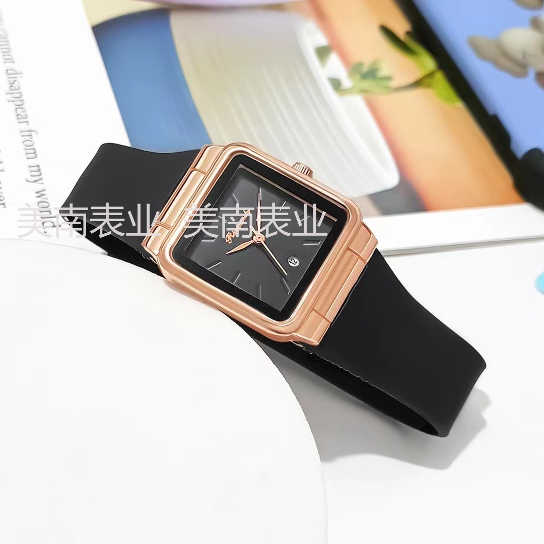 Fashionable, simple and niche silicone square striped quartz watch Korean version business women's watch with calendar Item Picture