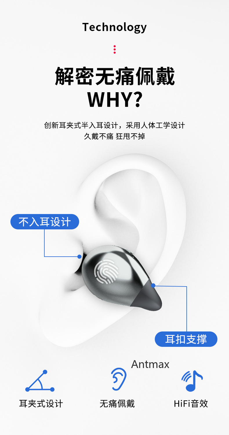 夹耳式正品9D降噪立体声迷你人体夹耳不易掉5.2智能运动蓝牙耳机详情8