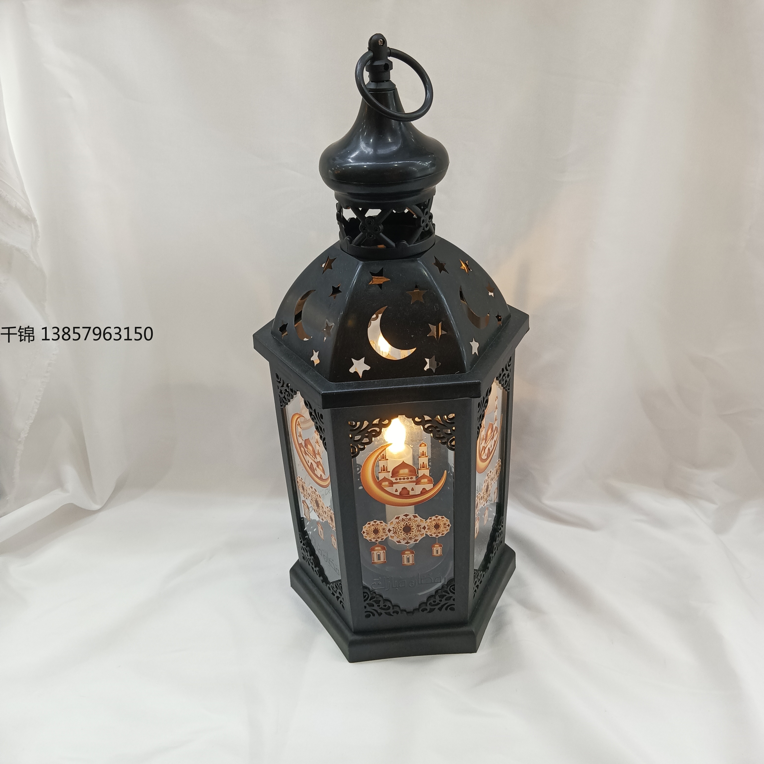 New Ramadan large hexagonal decorative small oil lamp, retro interior hollowed-out hexagonal wind lamp luminous decorative item scene arrangement