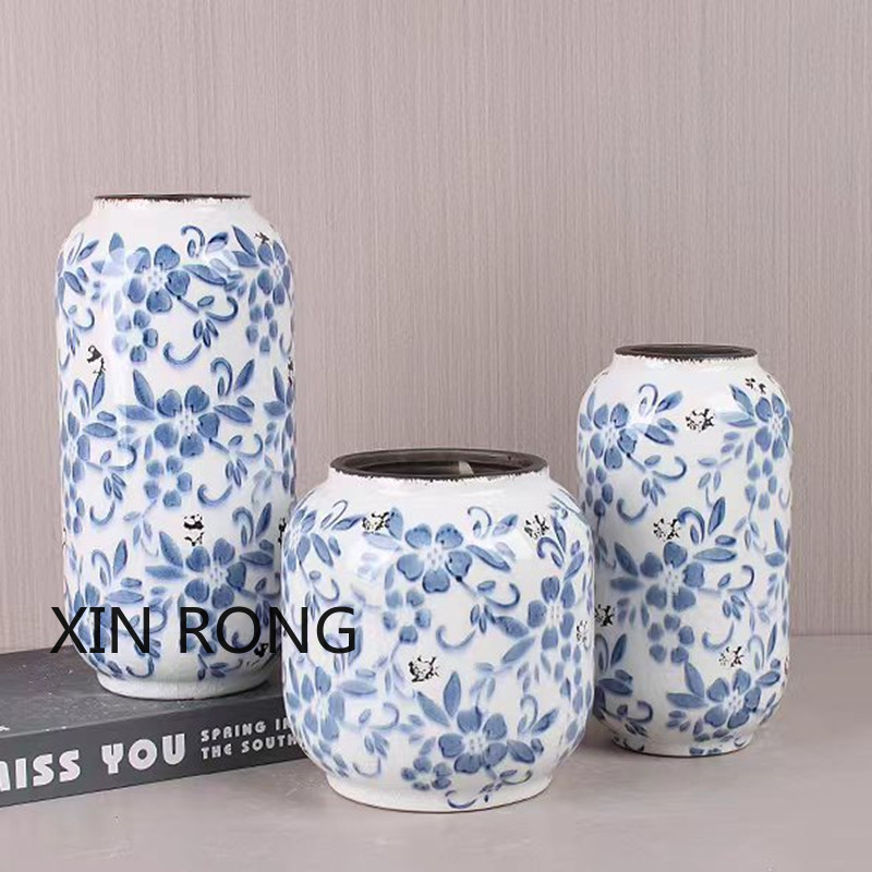Modern blue and white ice-cracked antique ceramic vase ornaments, new Chinese-style living room dining table flower vases, home decoration items Specification image