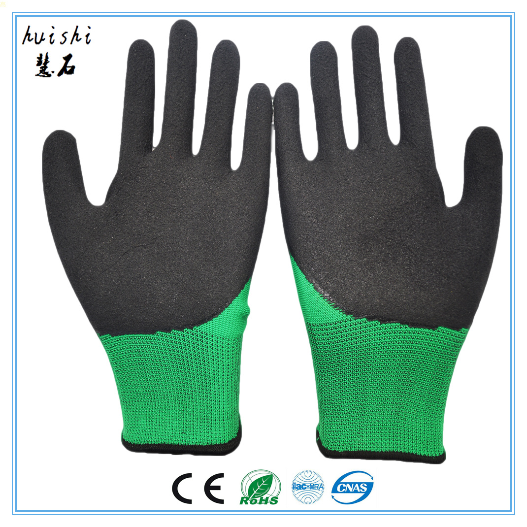 劳保手套13针绿纱黑皱纱线手套(Palm latex coated nylon working gloves )图