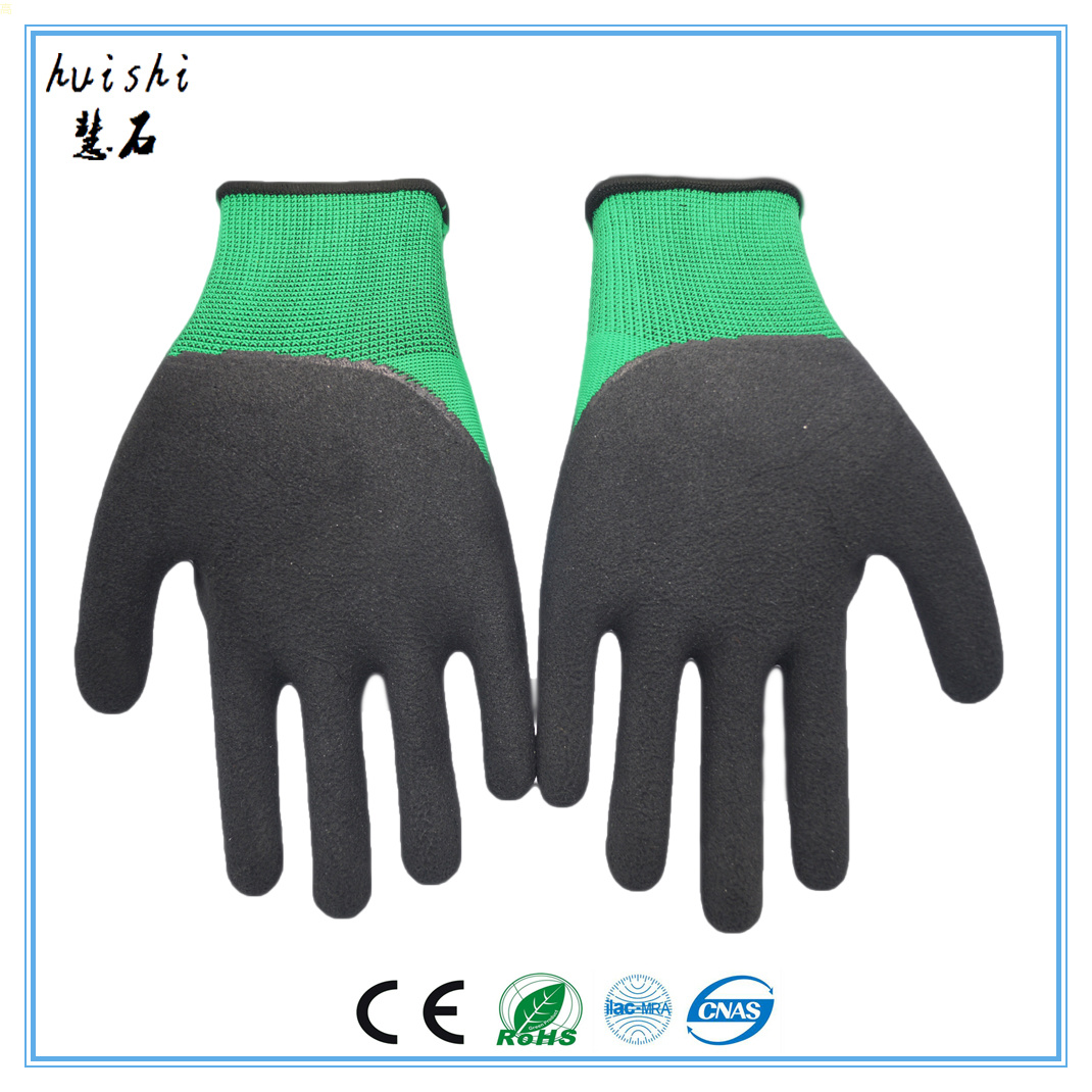 劳保手套13针绿纱黑皱纱线手套(Palm latex coated nylon working gloves )详情1