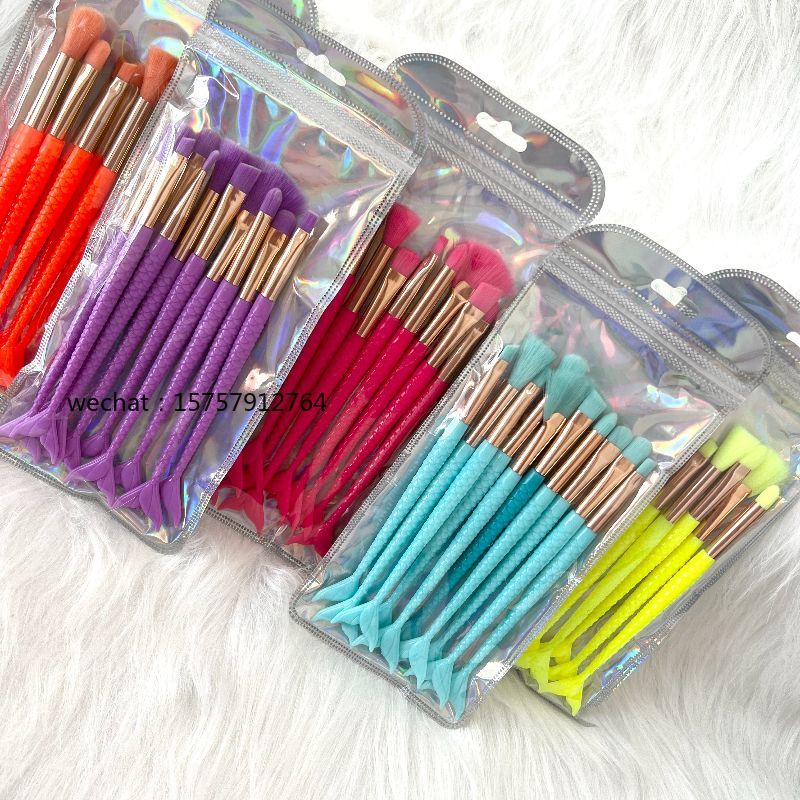 Cepillos de maquillaje 10 juegos de cepillos cola de pescado juego de color fluorescente herramientas de maquillaje cepillo de ojos cepillo sombra de ojos cepillo paraguas venta directa de fábrica