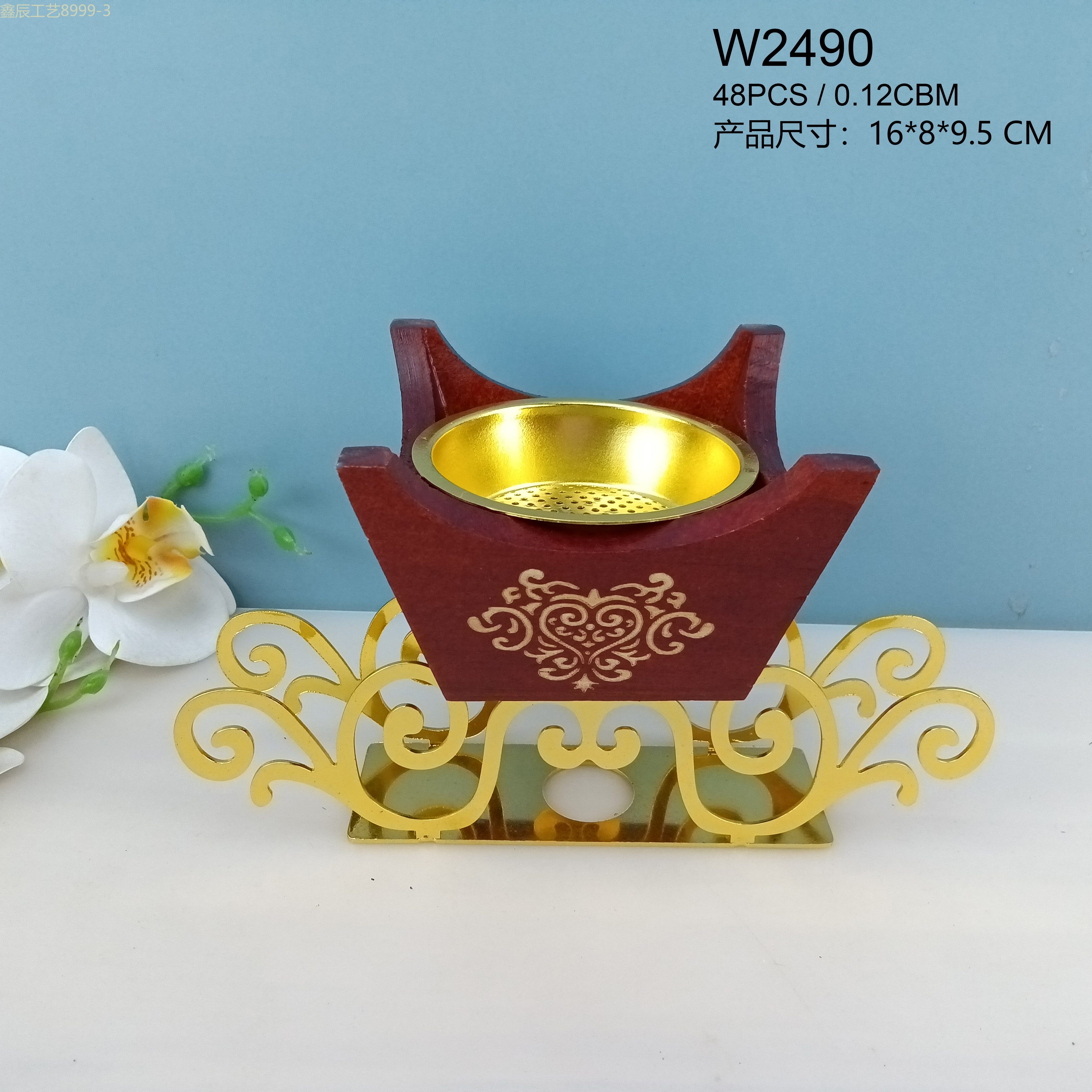 Cross-border new simple creative design sense wood box Metal bottom Middle East carbon Incense burner Muslim home decoration crafts incense burner Specification drawing