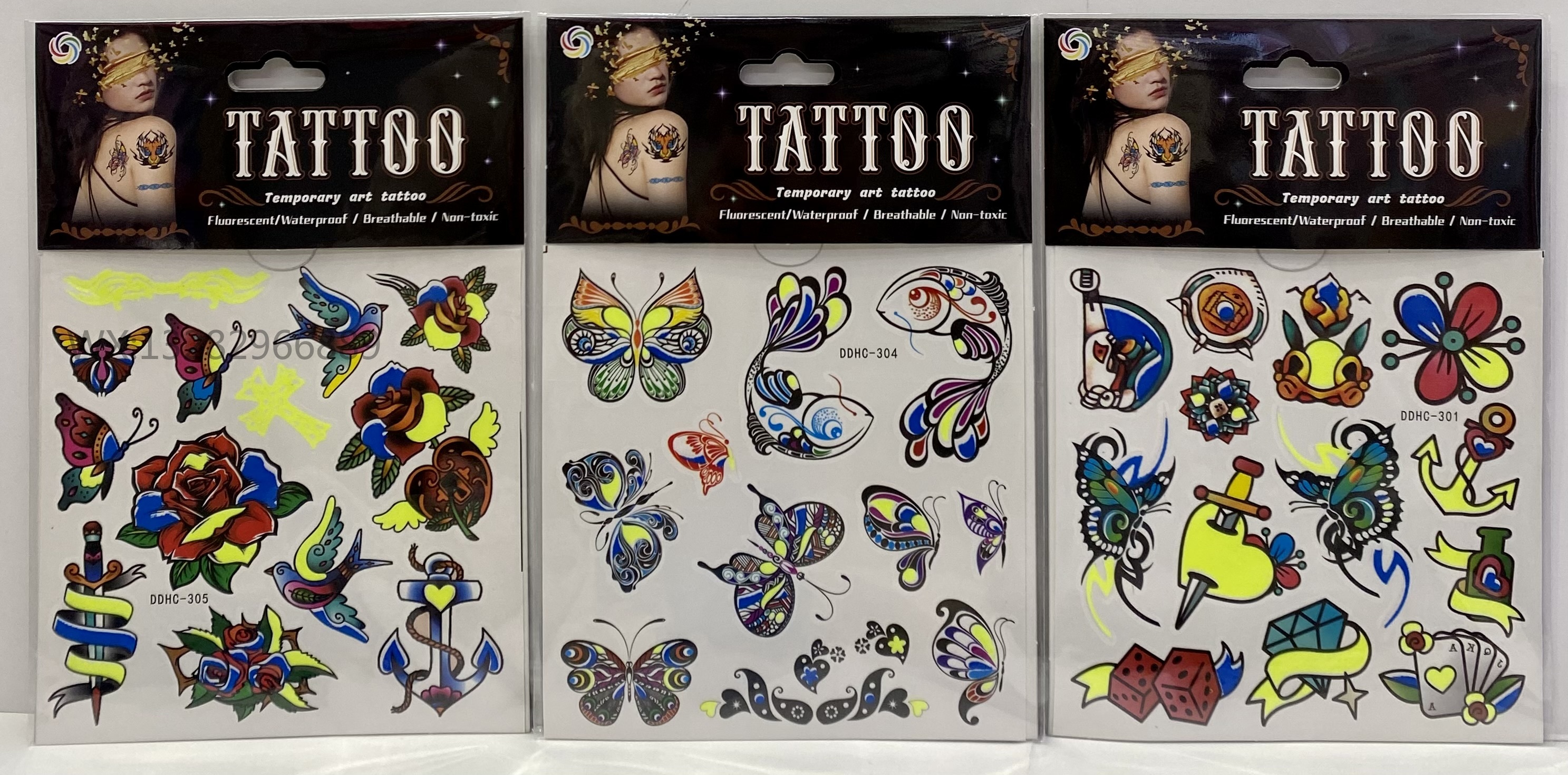 Butterfly tattoo sticker materials, luminous tattoo stickers, two-color luminous waterproof tattoo stickers, eco-friendly arm tattoo stickers Specification image
