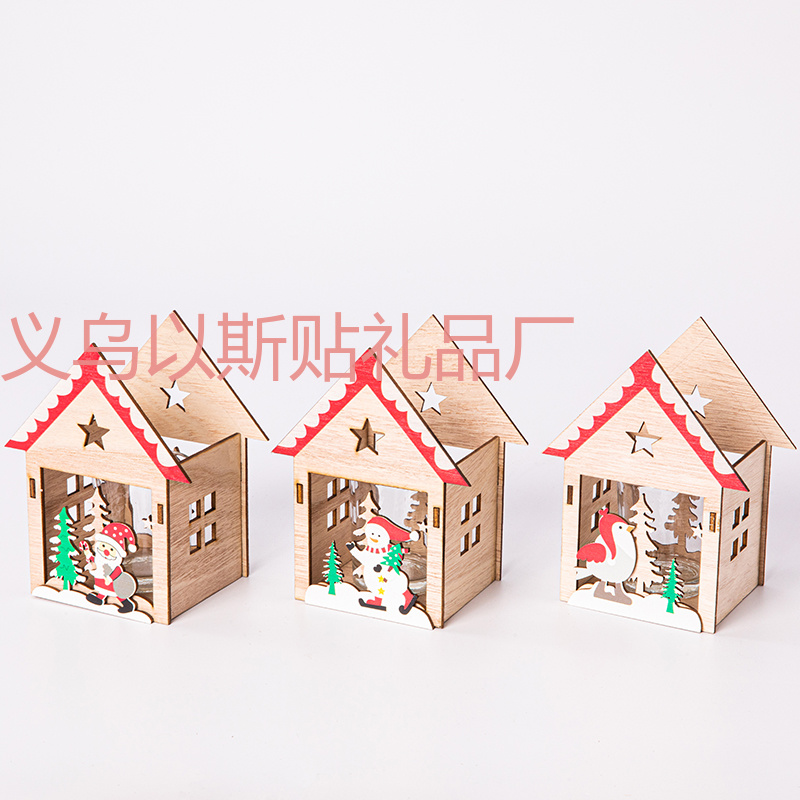 圣诞节木制玻璃烛台摆件装饰品 木质圣诞房子烛台装饰品