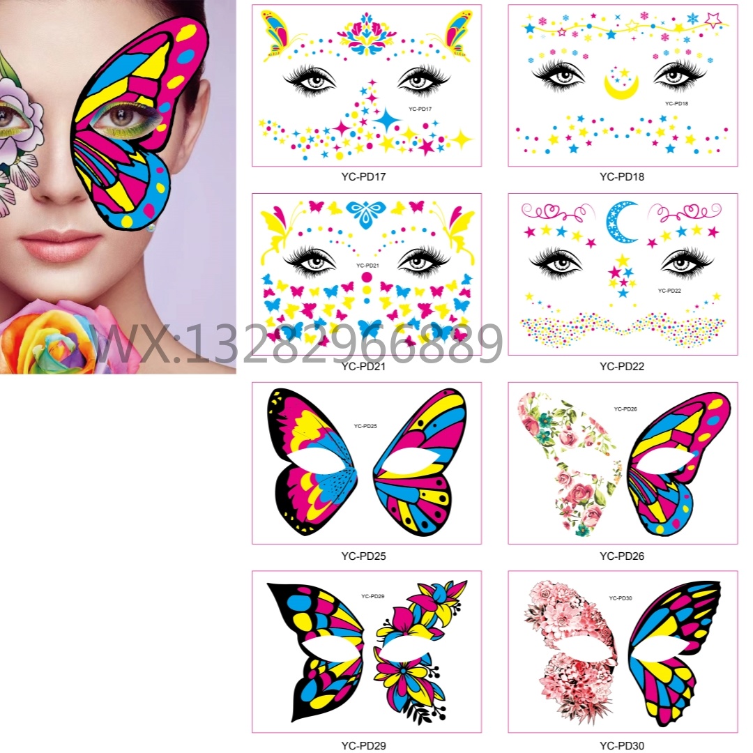 Butterfly fluorescent fresh and delicate fairy tattoo face stickers, ancient-style fairy-like waterproof and long-lasting butterfly flower tattoo stickers