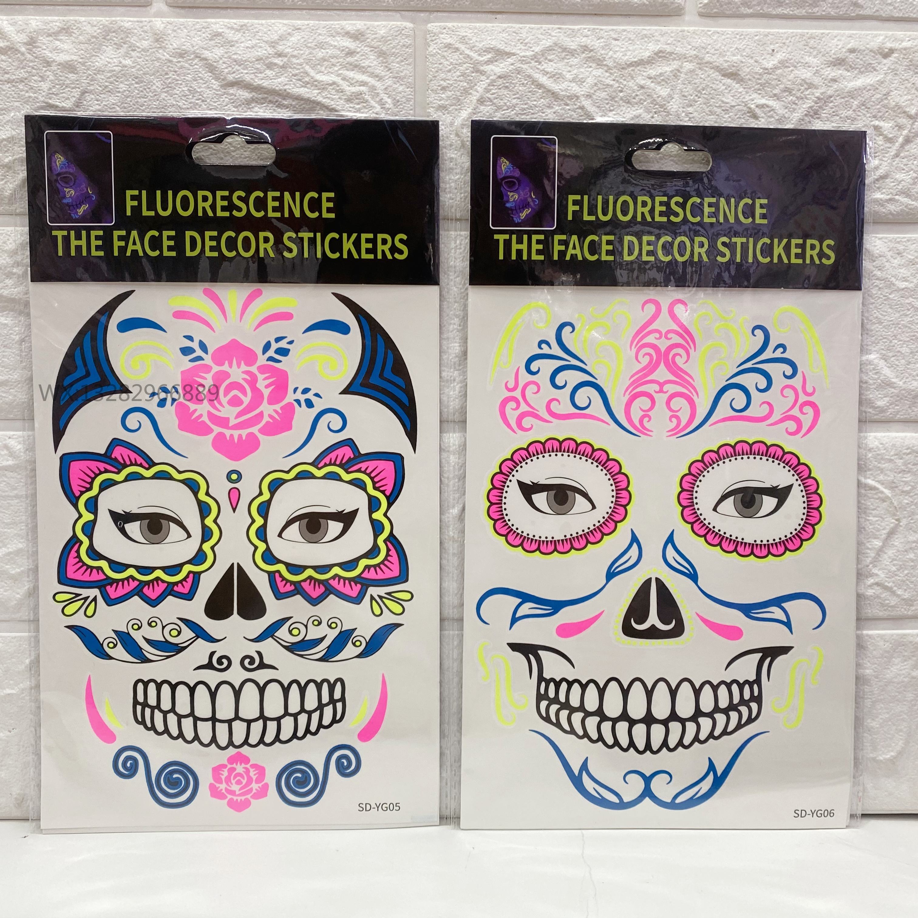 Waterproof Halloween fluorescent luminous tattoo stickers, funny Day of the Dead face stickers, Halloween fluorescent face stickers pic 9