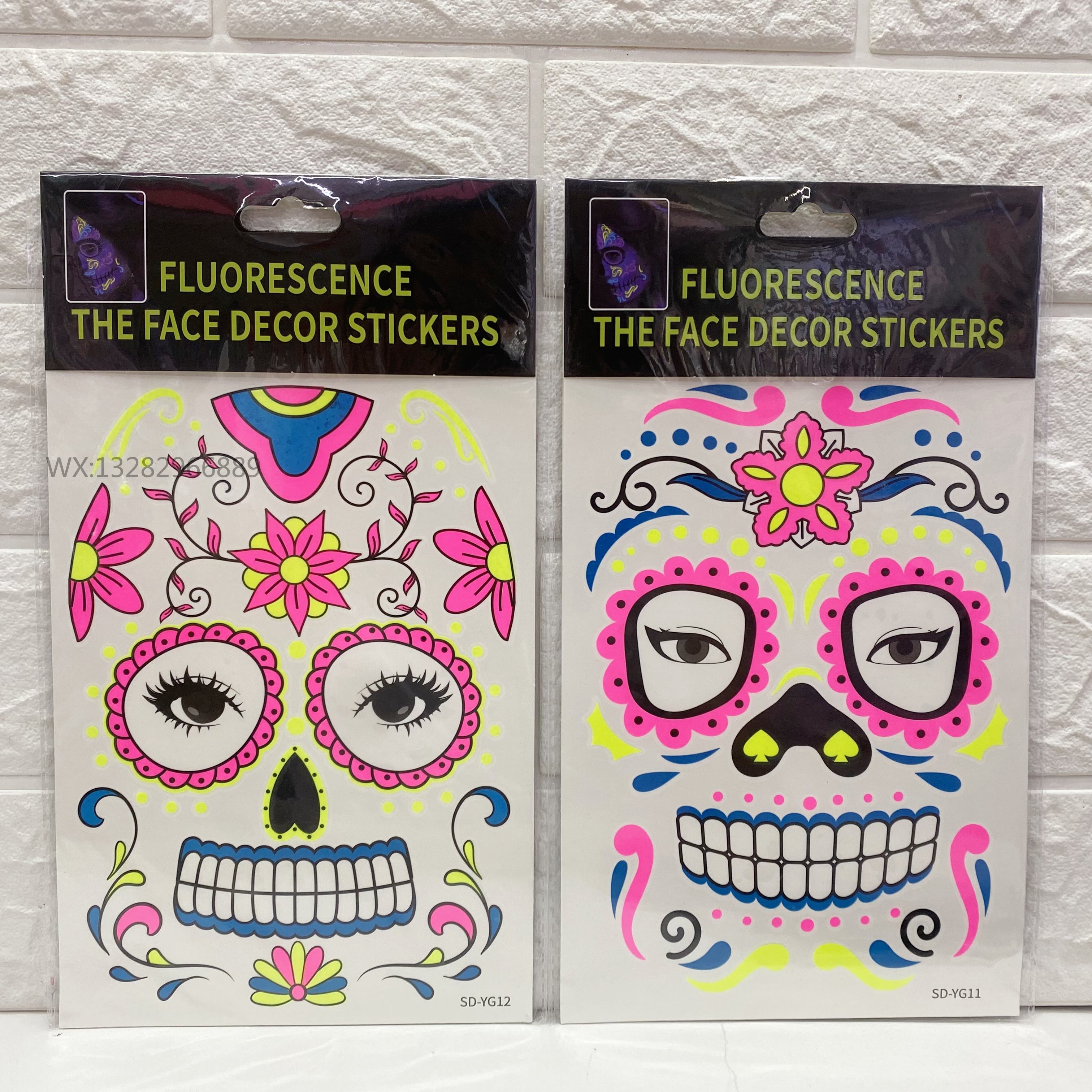 Waterproof Halloween fluorescent luminous tattoo stickers, funny Day of the Dead face stickers, Halloween fluorescent face stickers pic 12