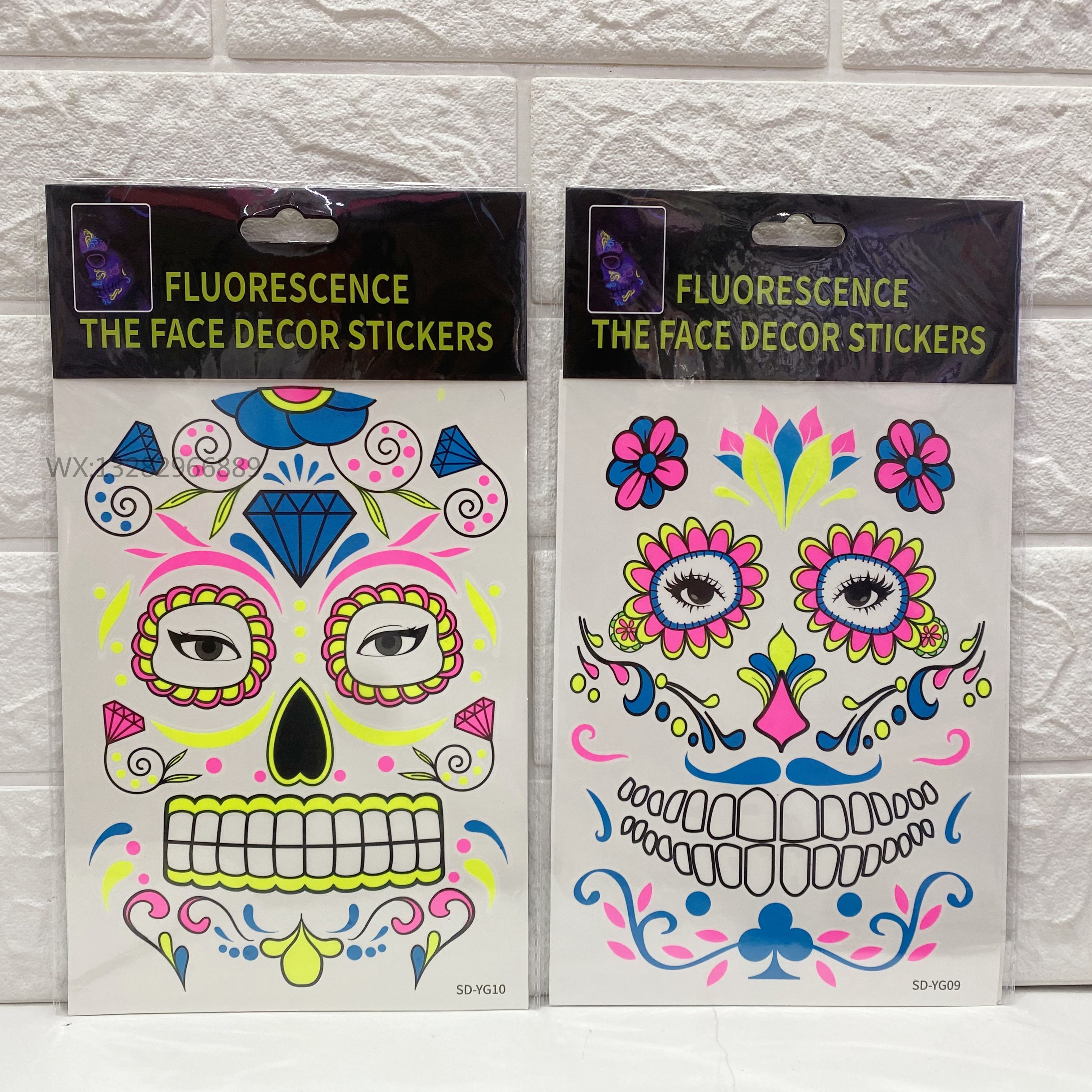 Waterproof Halloween fluorescent luminous tattoo stickers, funny Day of the Dead face stickers, Halloween fluorescent face stickers pic 11