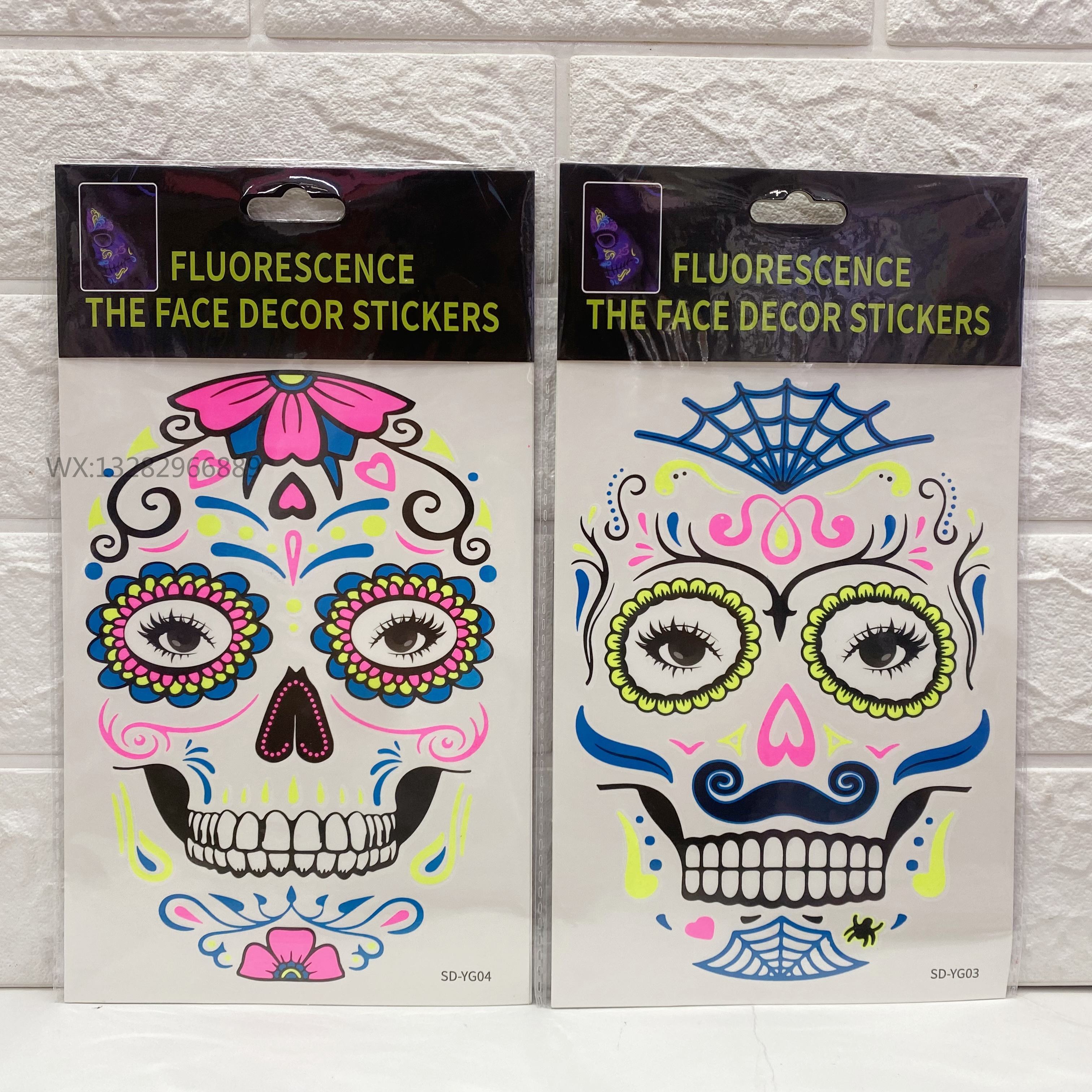 Waterproof Halloween fluorescent luminous tattoo stickers, funny Day of the Dead face stickers, Halloween fluorescent face stickers Item Picture