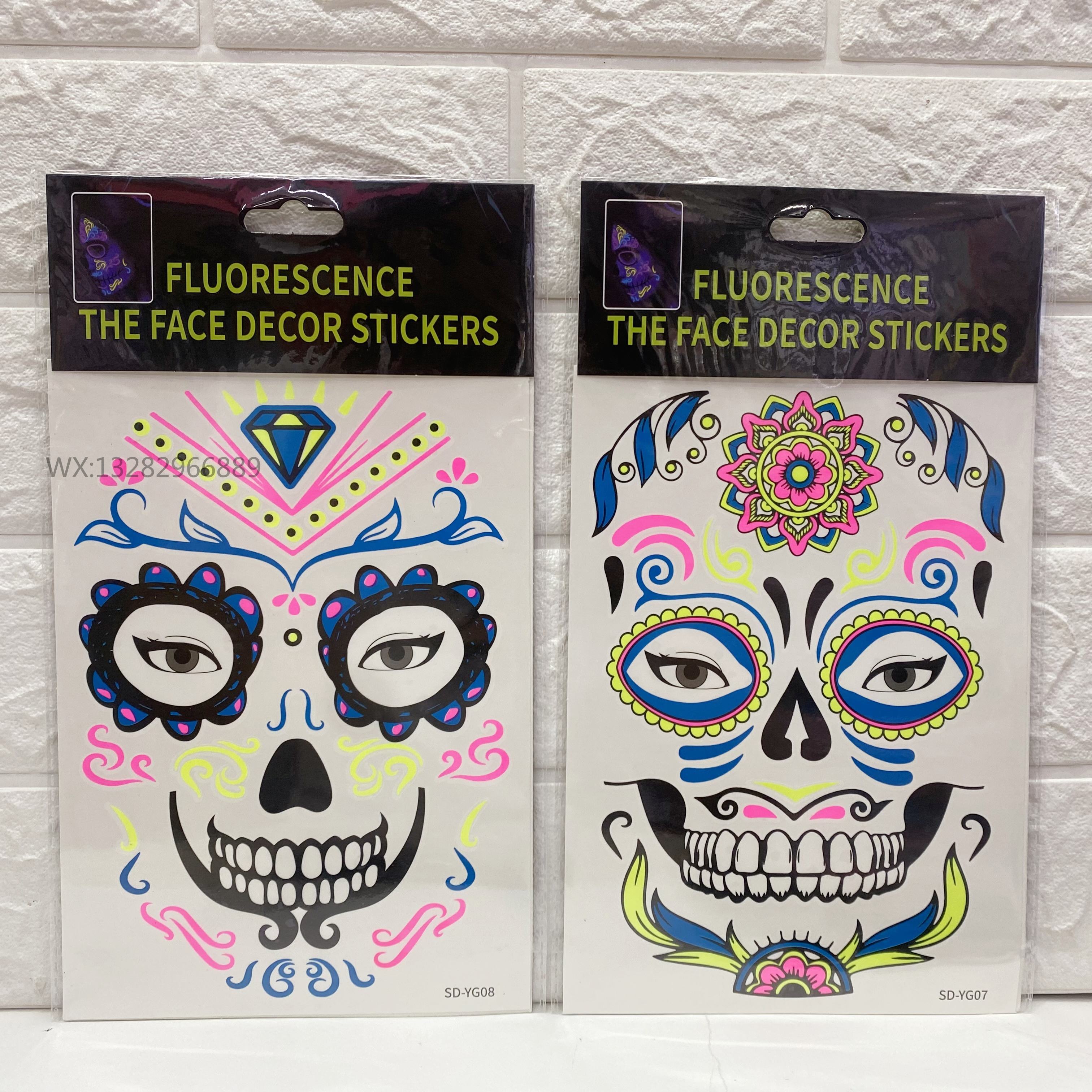 Waterproof Halloween fluorescent luminous tattoo stickers, funny Day of the Dead face stickers, Halloween fluorescent face stickers pic 10