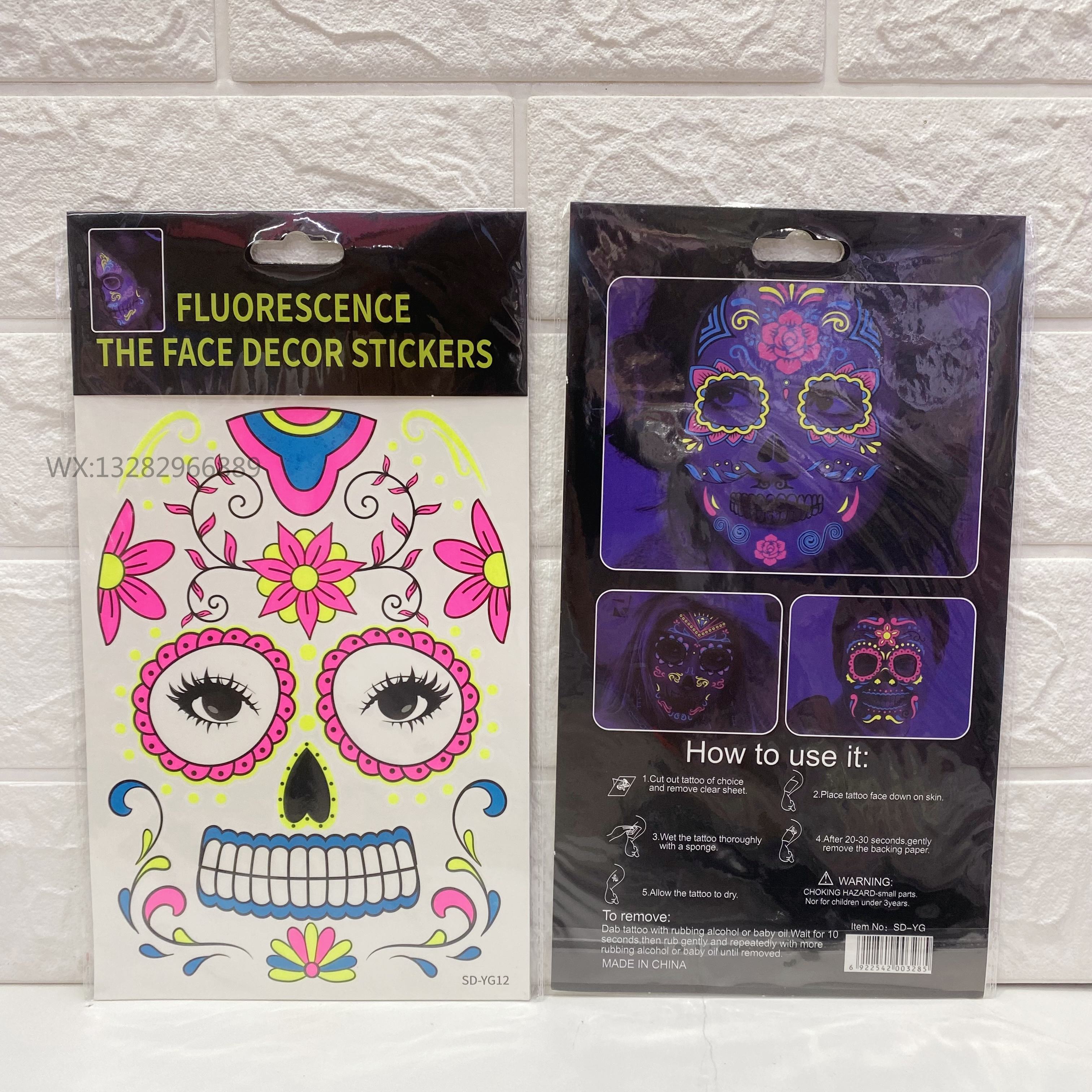 Waterproof Halloween fluorescent luminous tattoo stickers, funny Day of the Dead face stickers, Halloween fluorescent face stickers pic 13