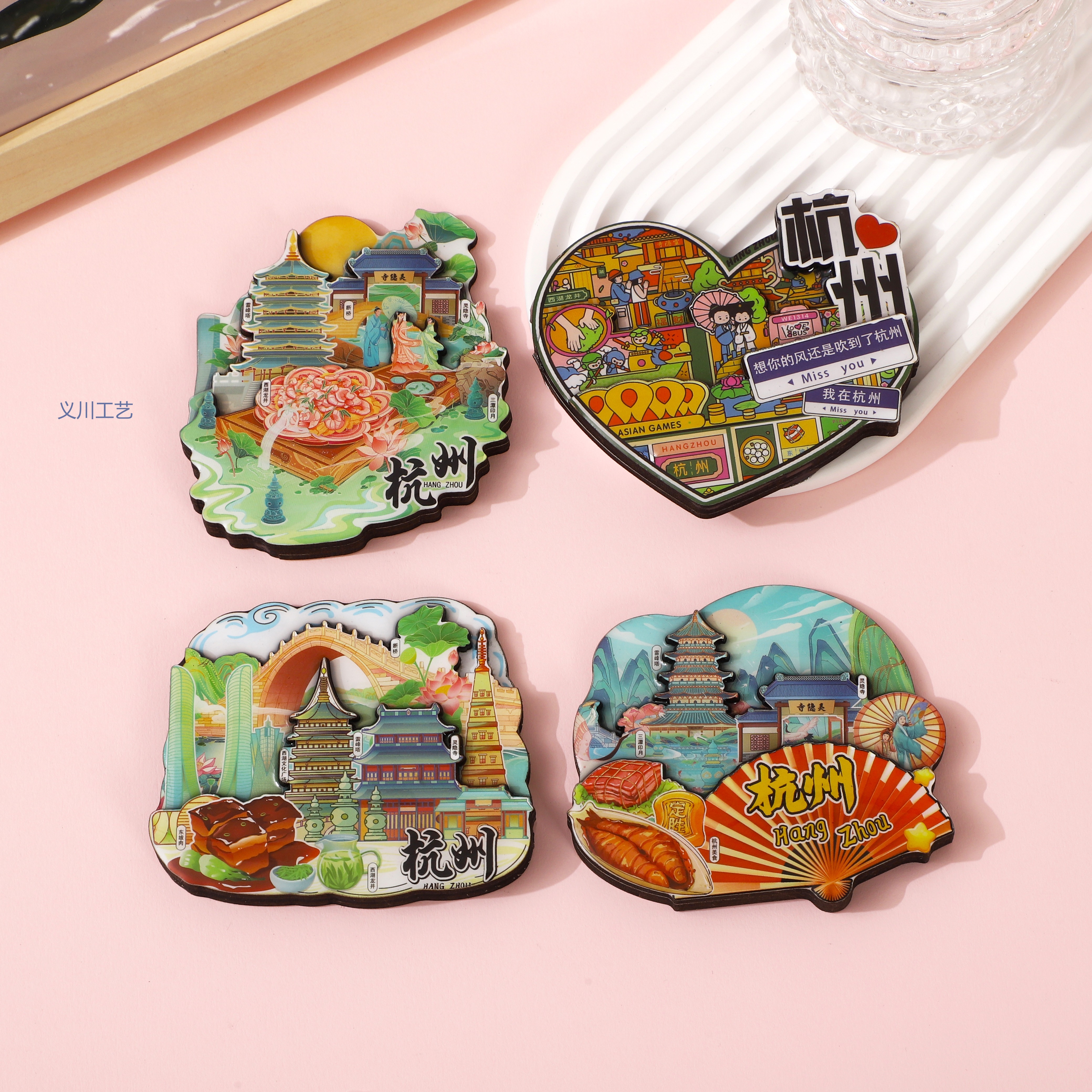 国潮城市旅游纪念品冰箱贴 杭州西湖三层木质滴油冰箱贴批发