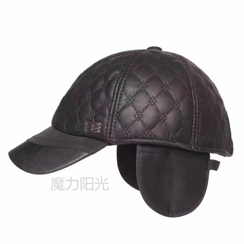 Leather hat Men's autumn and winter hat ear-thick old man's hat foreign trade leather eaves flat cap Middle-aged and old man's hat Baseball cap details Picture