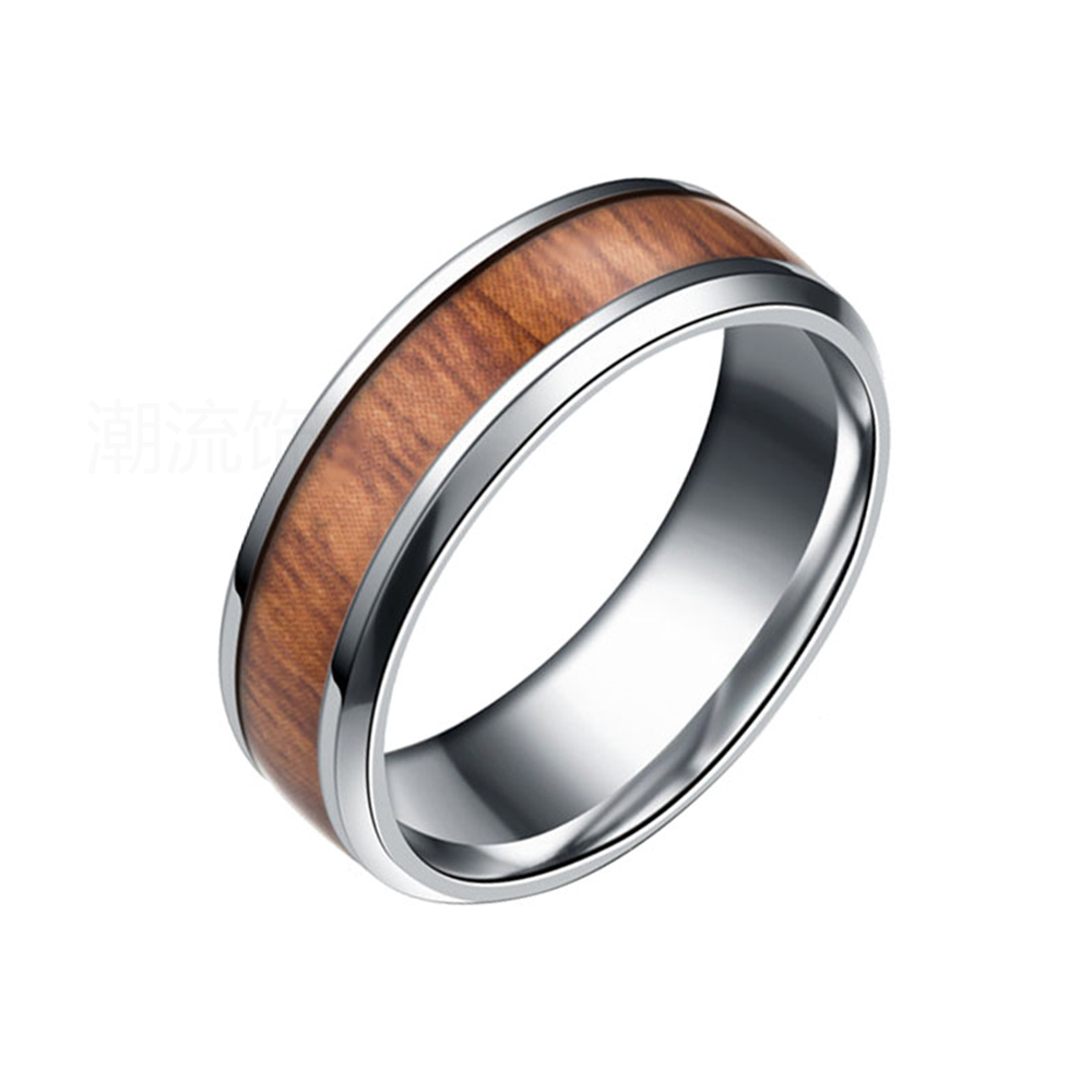Trendy accessories, fashionable foreign trade bestseller, stainless steel wood grain ring, steel color JZ015-1