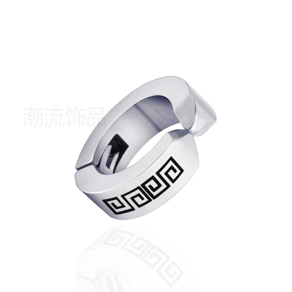Trendy accessories, fashionable foreign trade bestsellers, stainless steel black Great Wall pattern icon ear clips, holeless earrings, steel white ES002-3