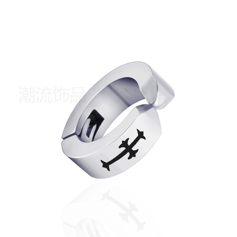 Trendy accessories, fashionable foreign trade bestsellers, stainless steel black cross No. 1 icon ear clips, holeless earrings, steel white ES002-5