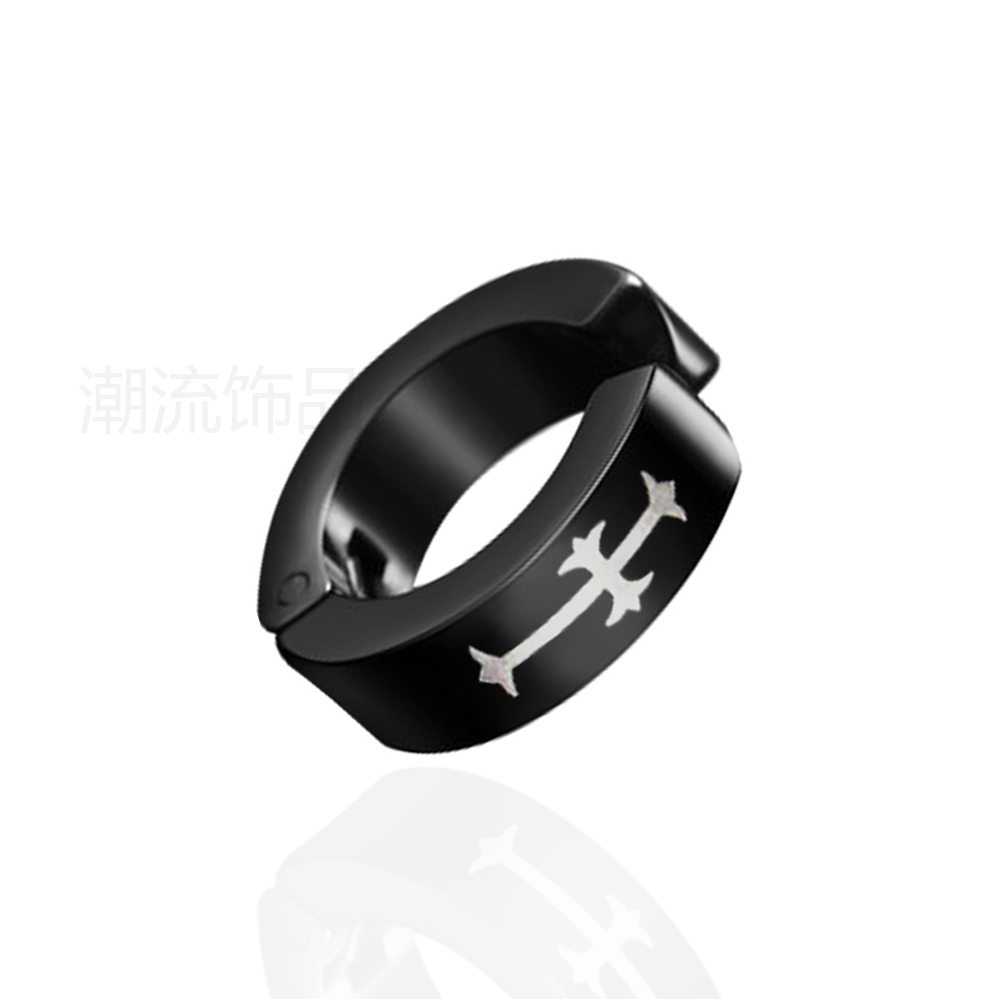 Trendy accessories, fashionable foreign trade bestsellers, stainless steel white cross No. 2 icon ear clips, holeless earrings, black ES003-10
