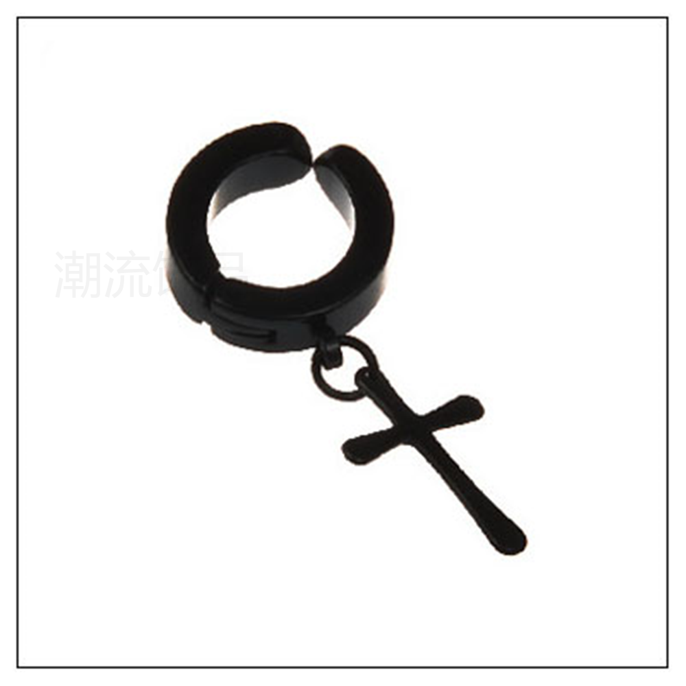 Trendy accessories, fashionable foreign trade bestsellers, stainless steel pendant No. 3 cross ear clip, no-hole earrings, steel color, black ES004-3