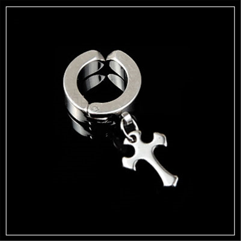 Trendy accessories, fashionable foreign trade bestsellers, stainless steel pendant No. 2, cross ear clip, holeless earrings, steel color, black ES004-2 details Picture