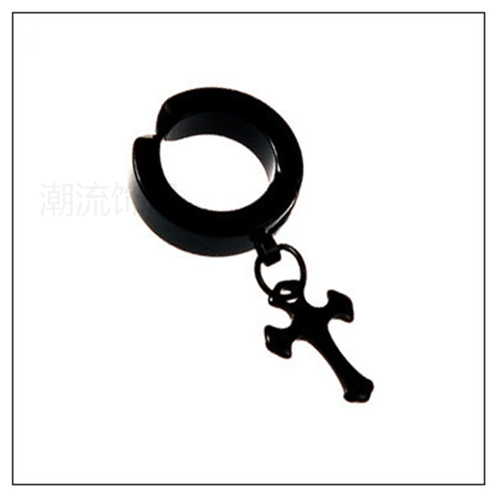 Trendy accessories, fashionable foreign trade bestsellers, stainless steel pendant No. 2, cross ear clip, holeless earrings, steel color, black ES004-2