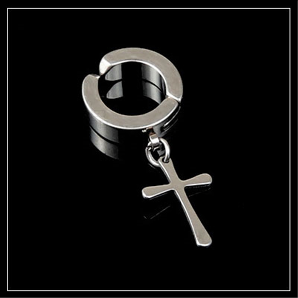Trendy accessories, fashionable foreign trade bestsellers, stainless steel pendant No. 3 cross ear clip, no-hole earrings, steel color, black ES004-3 details Picture