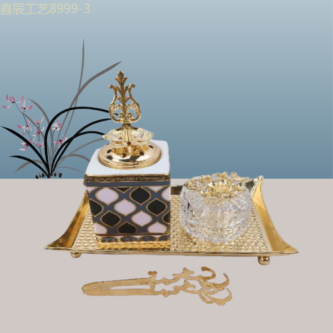 New ceramic cube with jar set of three pieces charcoal incense burner Middle Eastern incense burner craft incense burner Specification image