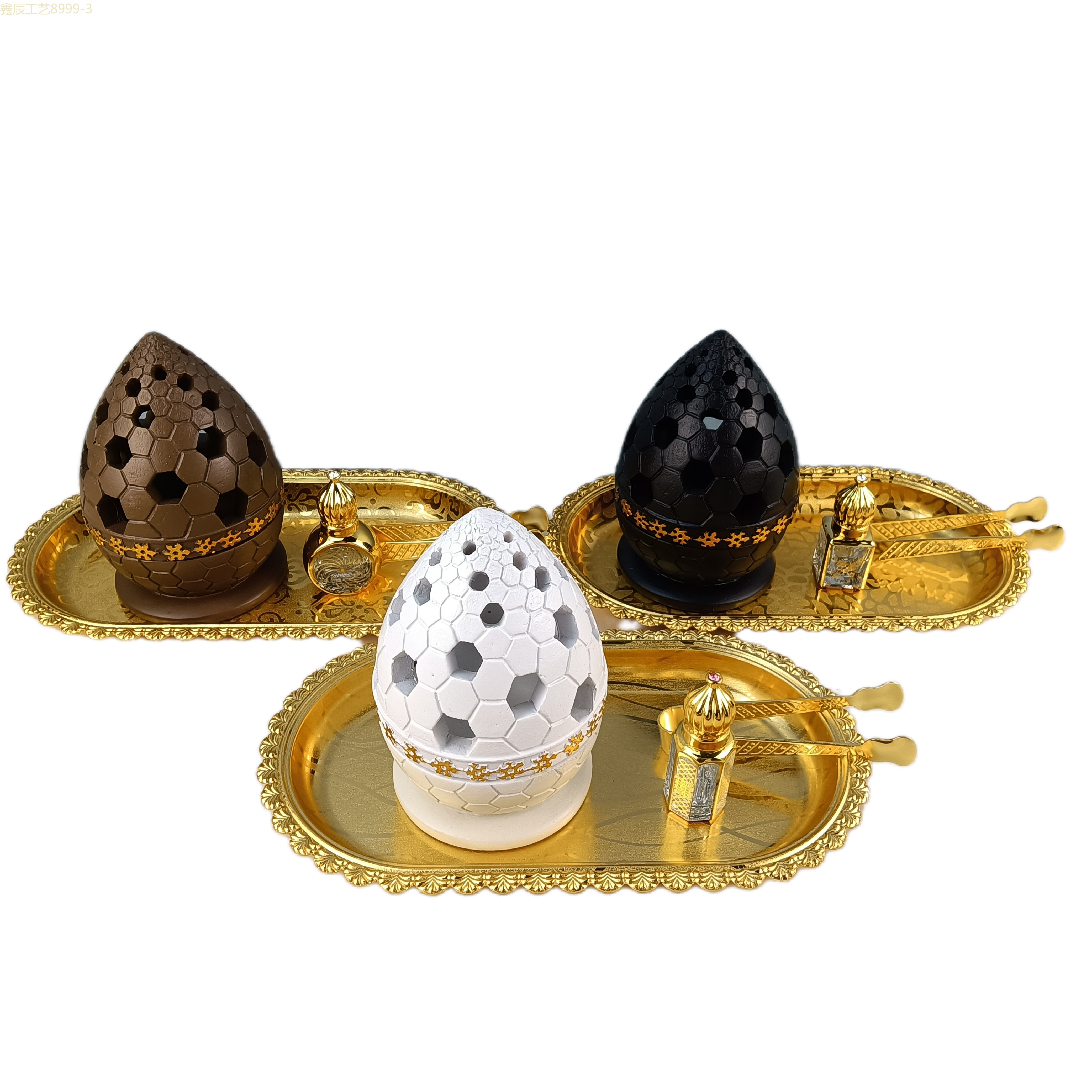 Cross-border new simple creative design resin three-piece set Middle East carbon Incense burner Muslim home decoration crafts Incense burner Item Picture