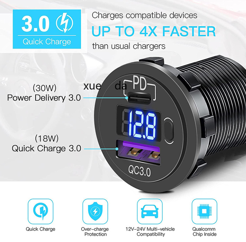 新款车充pd充电器QC3.0双USB车载改装快充数显电压开关控制详情4