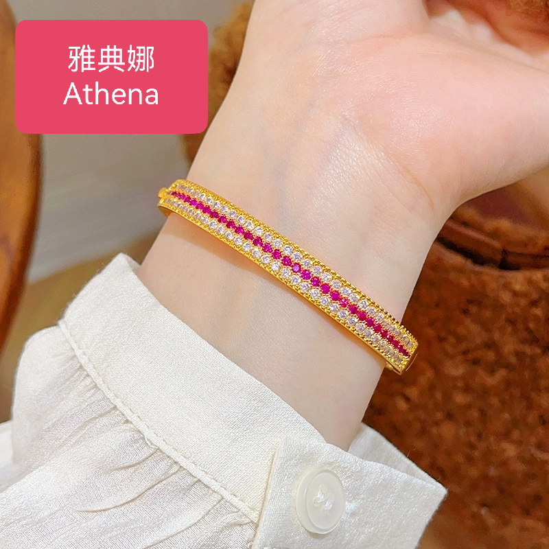Athena Jewelry and Gold Store's same style sand gold three-row diamond sparkling red rose Empress bracelet solid clasp bracelet, elegant and perfect gift for your girlfriend sand gold bracelet Specification image
