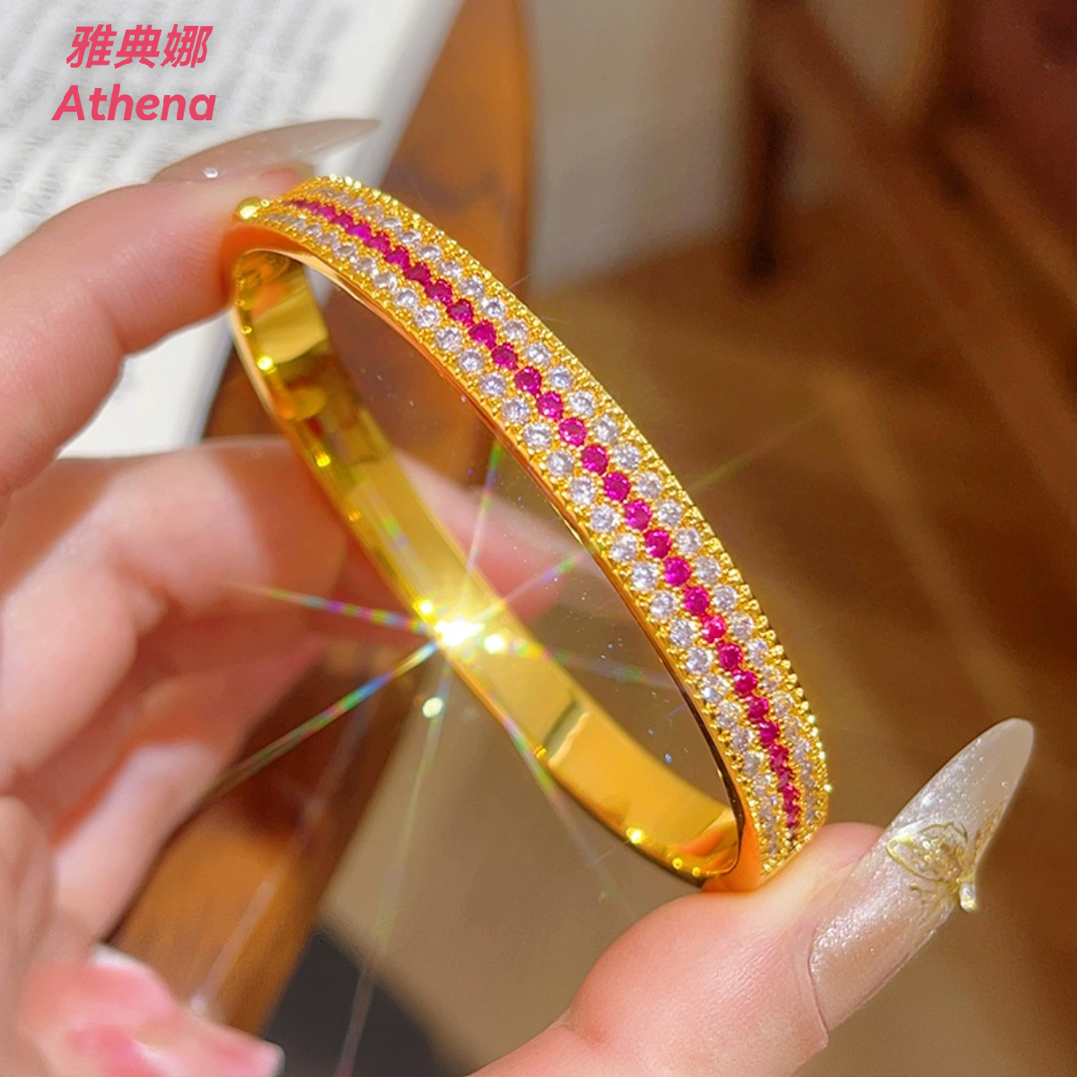 Athena Jewelry and Gold Store's same style sand gold three-row diamond sparkling red rose Empress bracelet solid clasp bracelet, elegant and perfect gift for your girlfriend sand gold bracelet