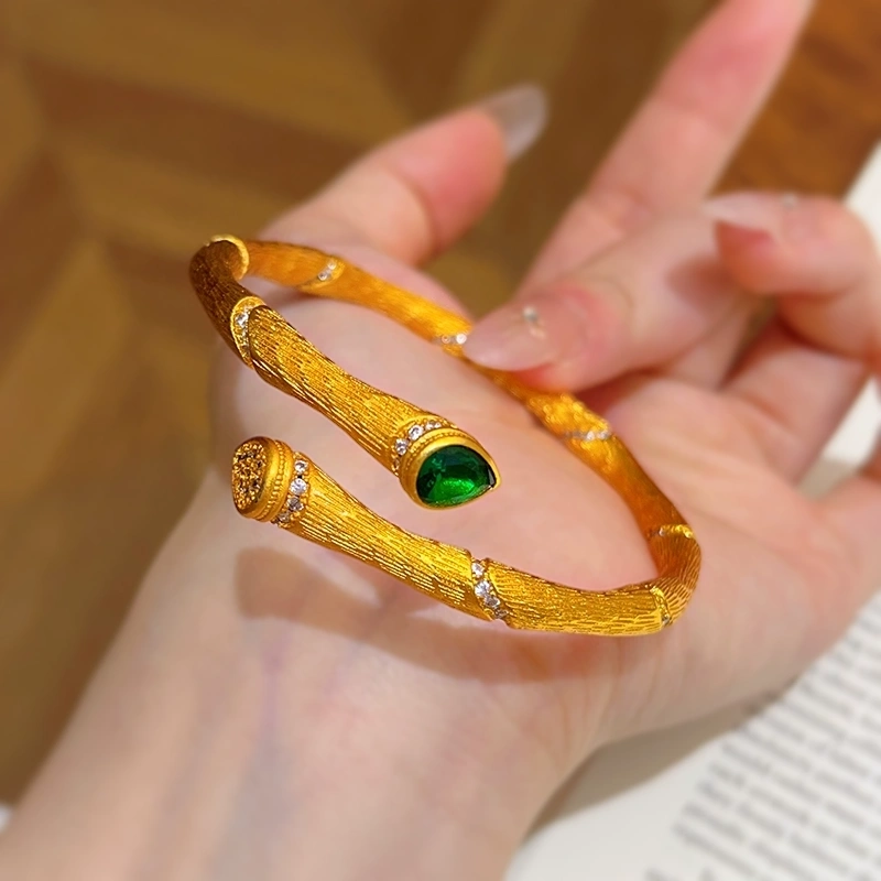 雅典娜饰品金店同款沙金绿钻拉丝竹节手镯实心开口镯子复古高级感送女友礼物手镯详情图3
