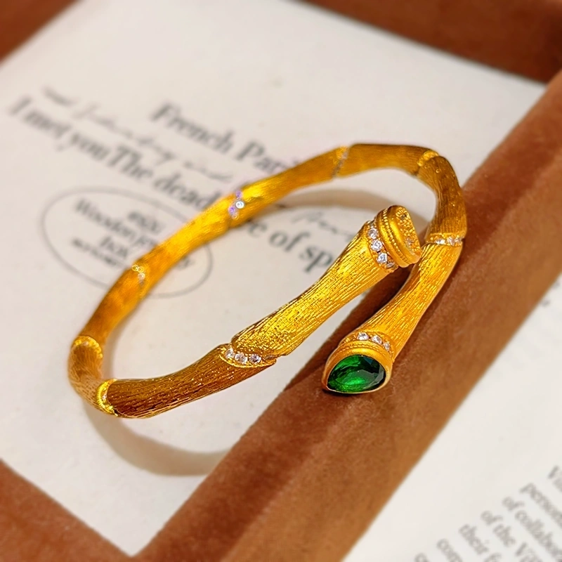 雅典娜饰品金店同款沙金绿钻拉丝竹节手镯实心开口镯子复古高级感送女友礼物手镯细节图