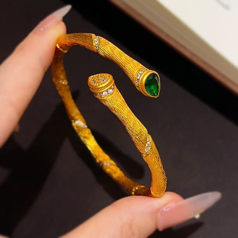 雅典娜饰品金店同款沙金绿钻拉丝竹节手镯实心开口镯子复古高级感送女友礼物手镯详情图5