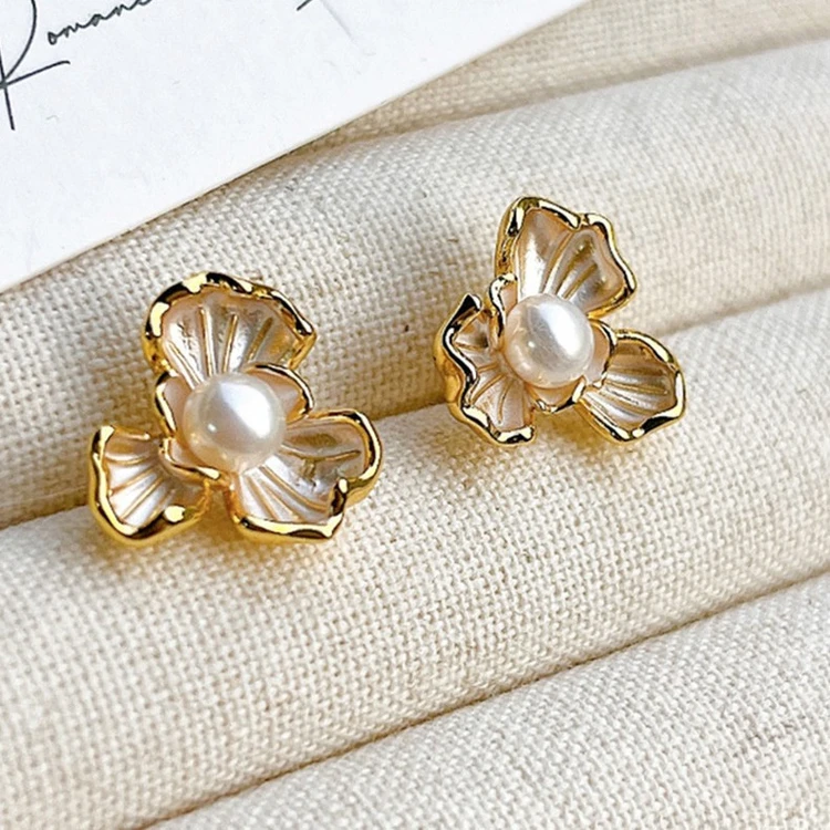 法式滴油优雅轻奢花朵天然淡水珍珠耳环耳饰少女高级感批发